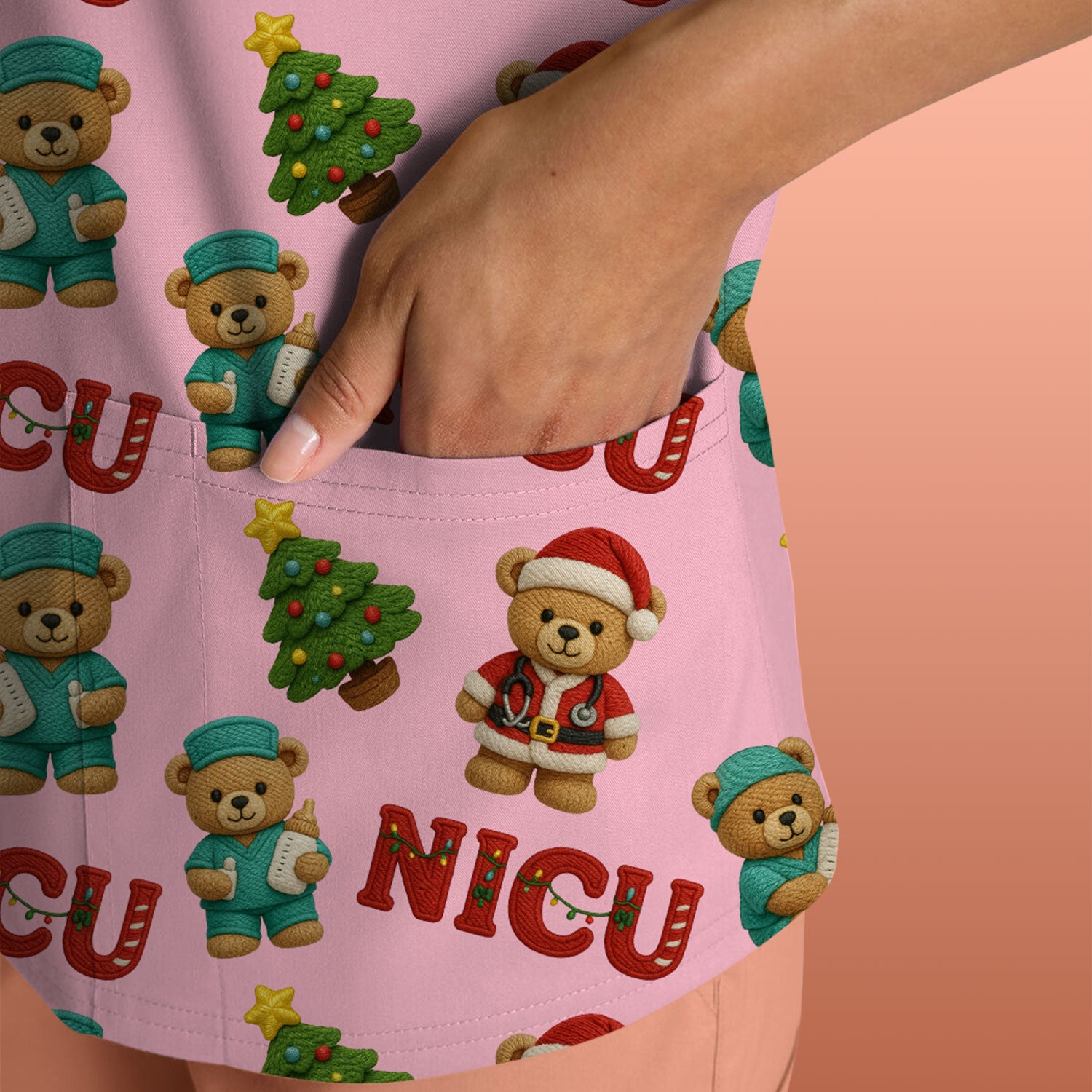 Festive Christmas NICU Nurse Teddy Bear Pattern, Breathable Fabrics Nursing Uniform