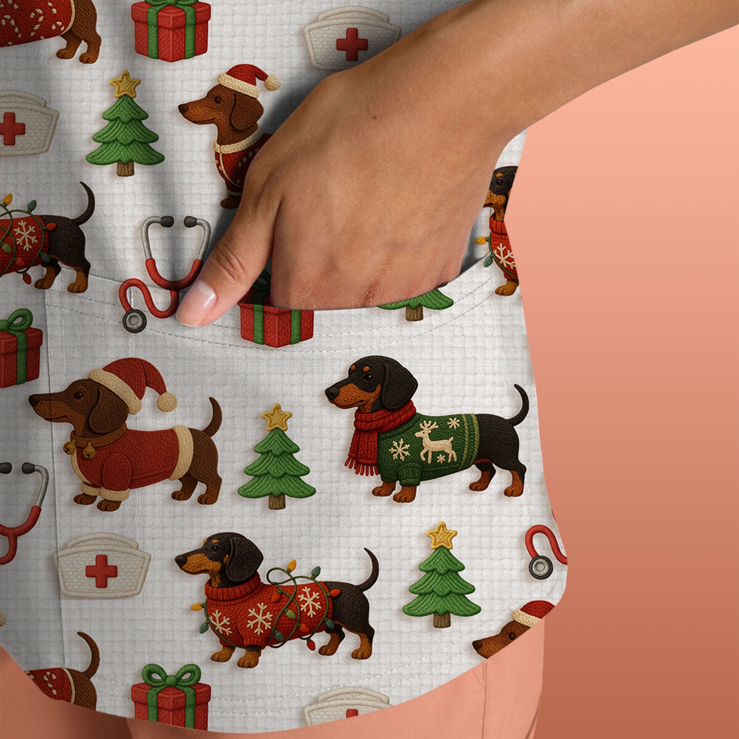 Custom Nurse Scrubs for Women - Dachshund Dog Christmas Print with Gifts & Holiday Tree - Multi Color Nursing Shirt Gift Idea
