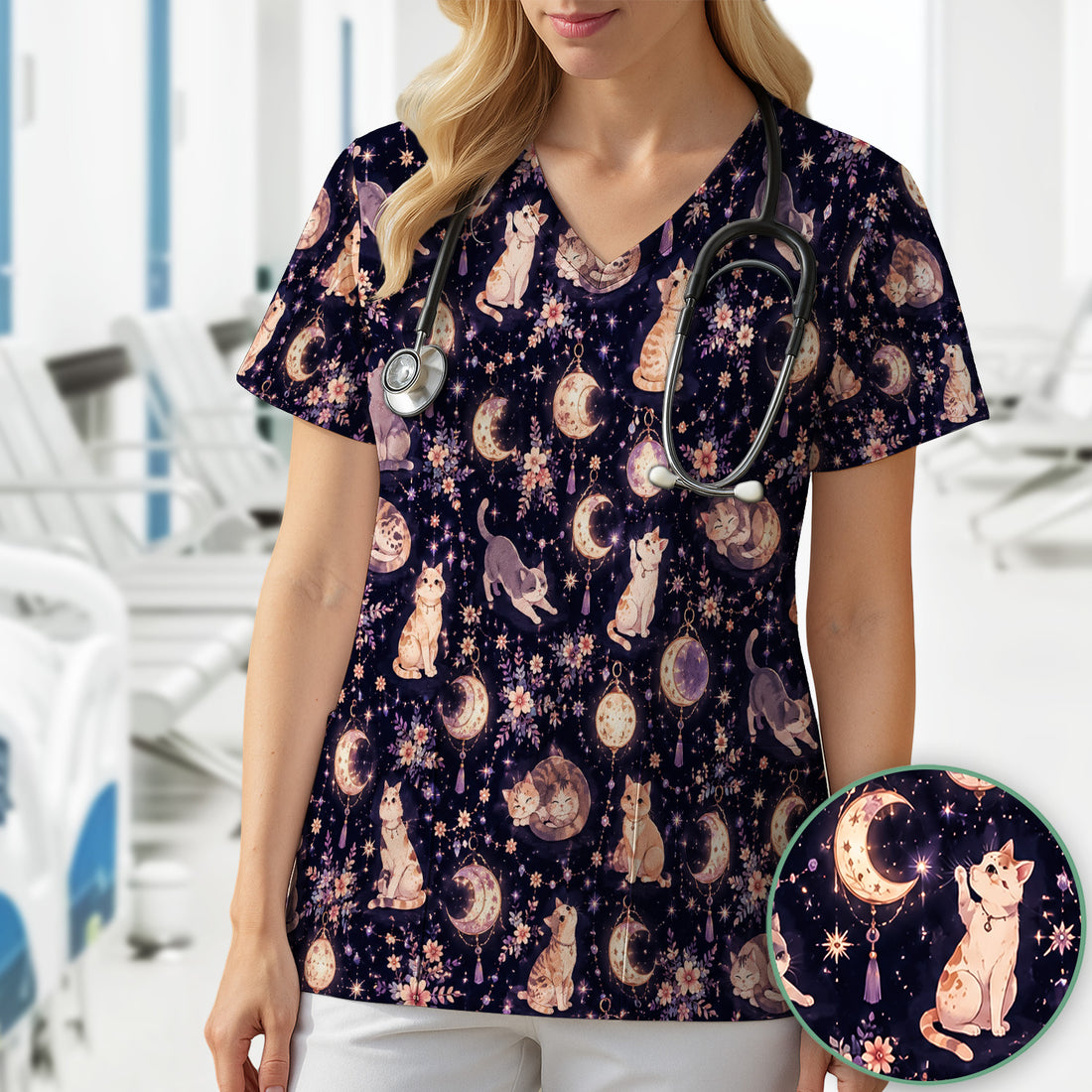 Celestial Cat Pattern Scrub Top, Comfortable Scrubs for Nurses