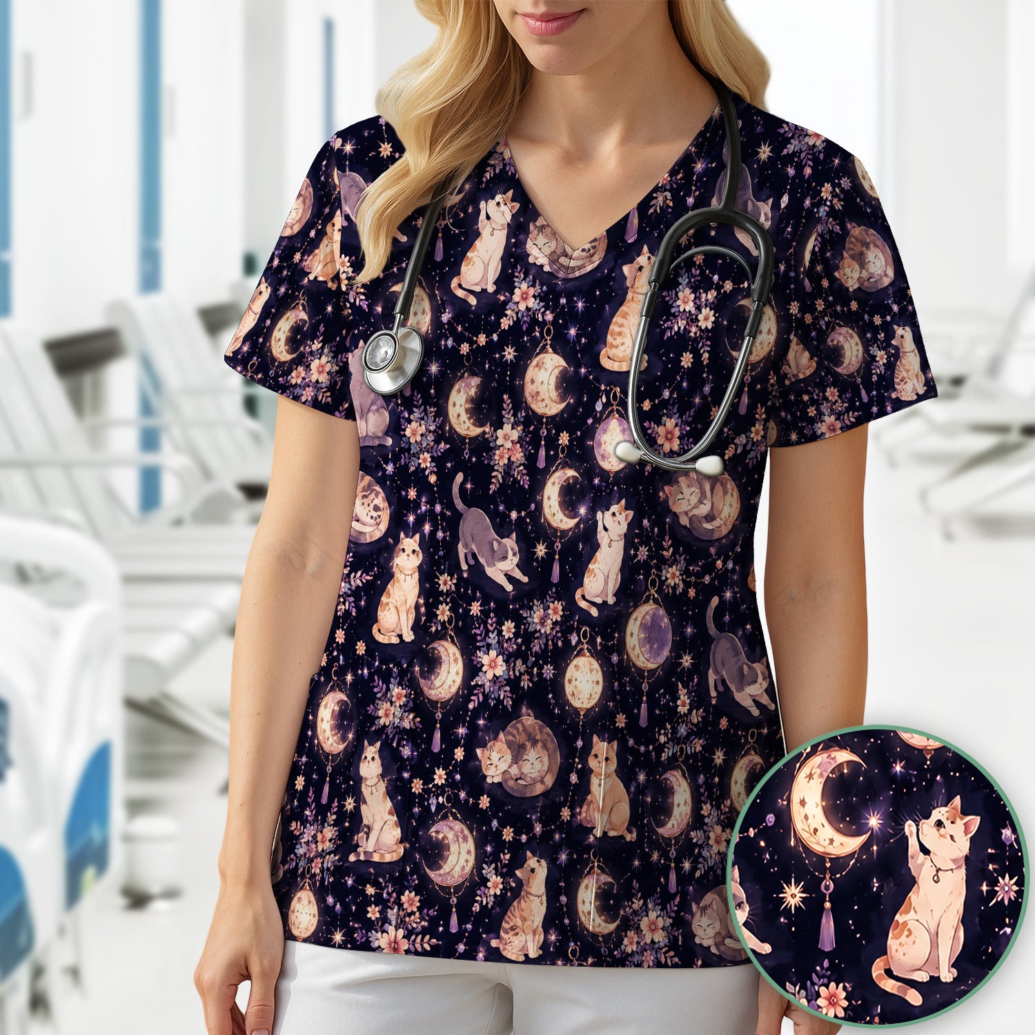 Celestial Cat Pattern Scrub Top, Comfortable Scrubs for Nurses