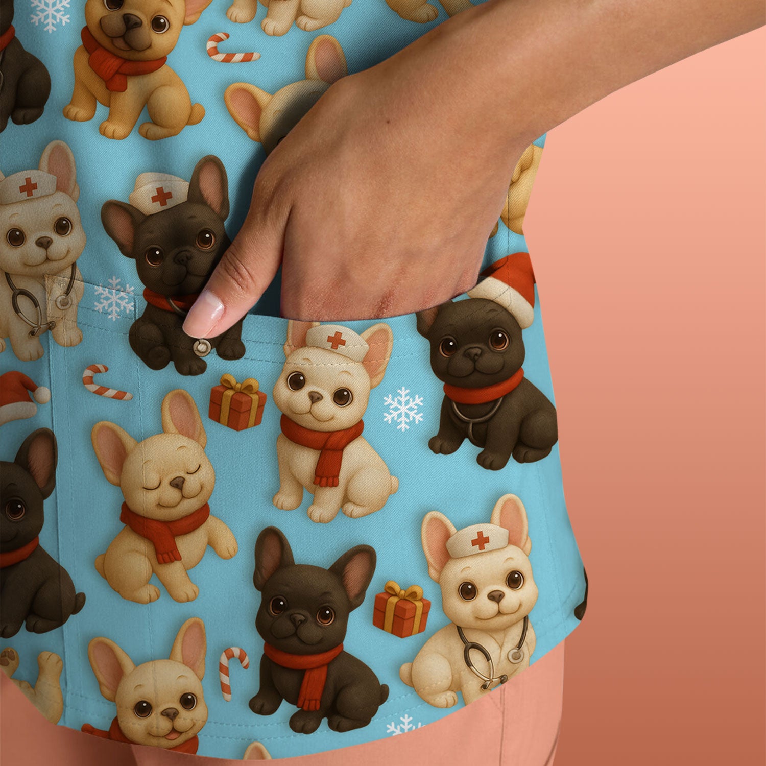 Christmas Dog Scrubs for Women - Cute French Bulldog Pattern Medical Scrub Top - Festive Holiday Nurse Scrubs with Adorable Puppy Design