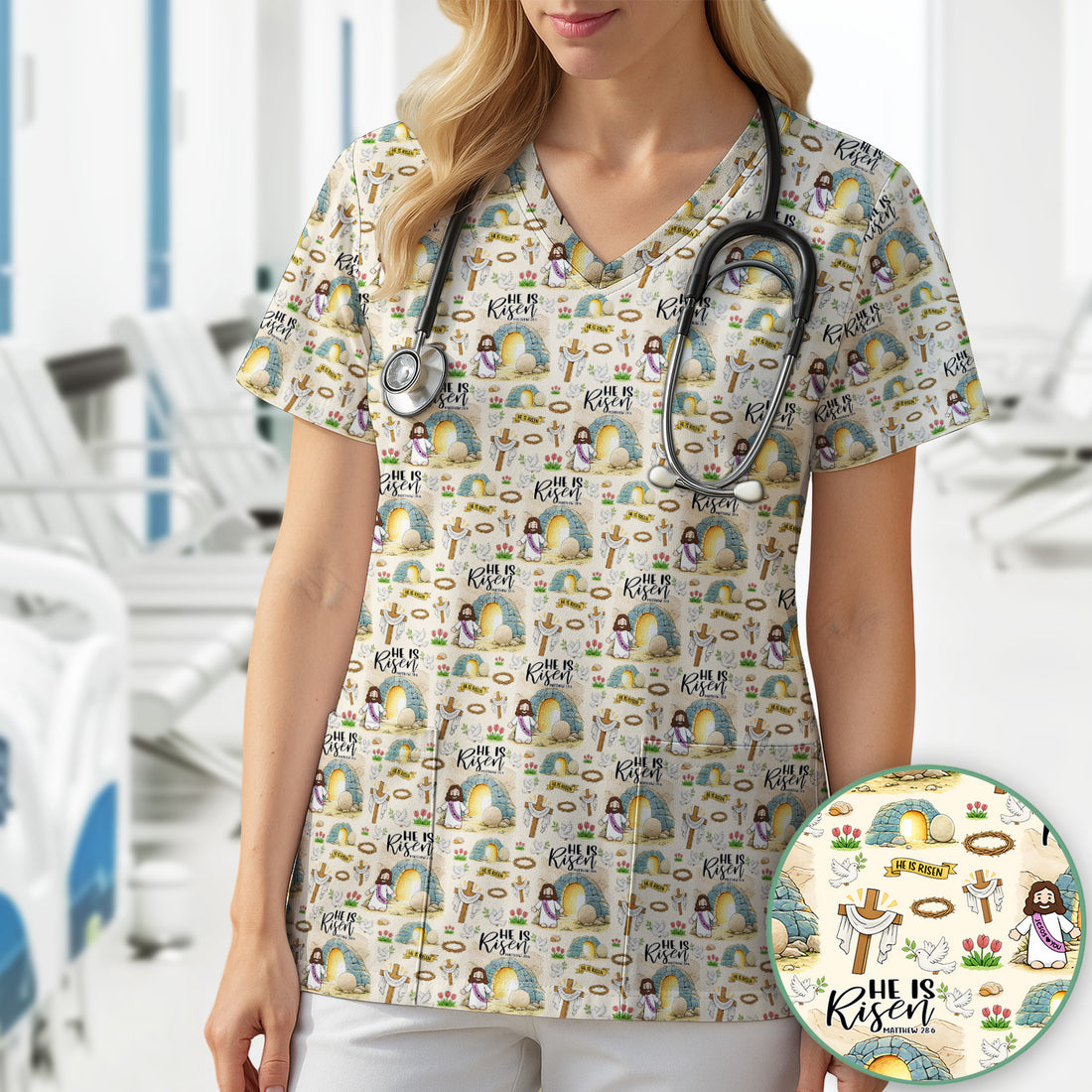 Christian Easter He Is Risen Resurrection Pattern Scrub Top, Breathable Healthcare Uniform Top