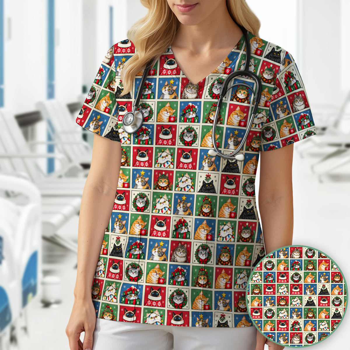 Cute Christmas Cat Patchwork Scrub Top, Comfortable Scrubs for Nurses
