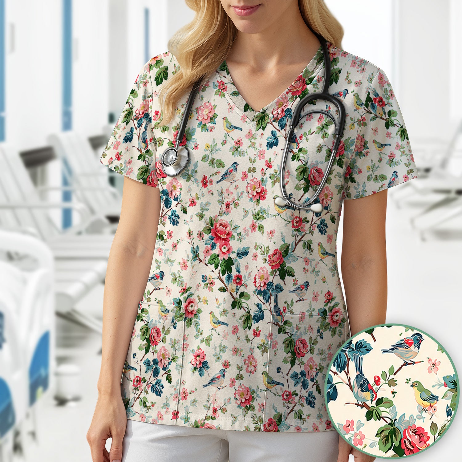 Songbird Rose Garden Pattern Scrub Top, Comfortable Scrubs for Nurses