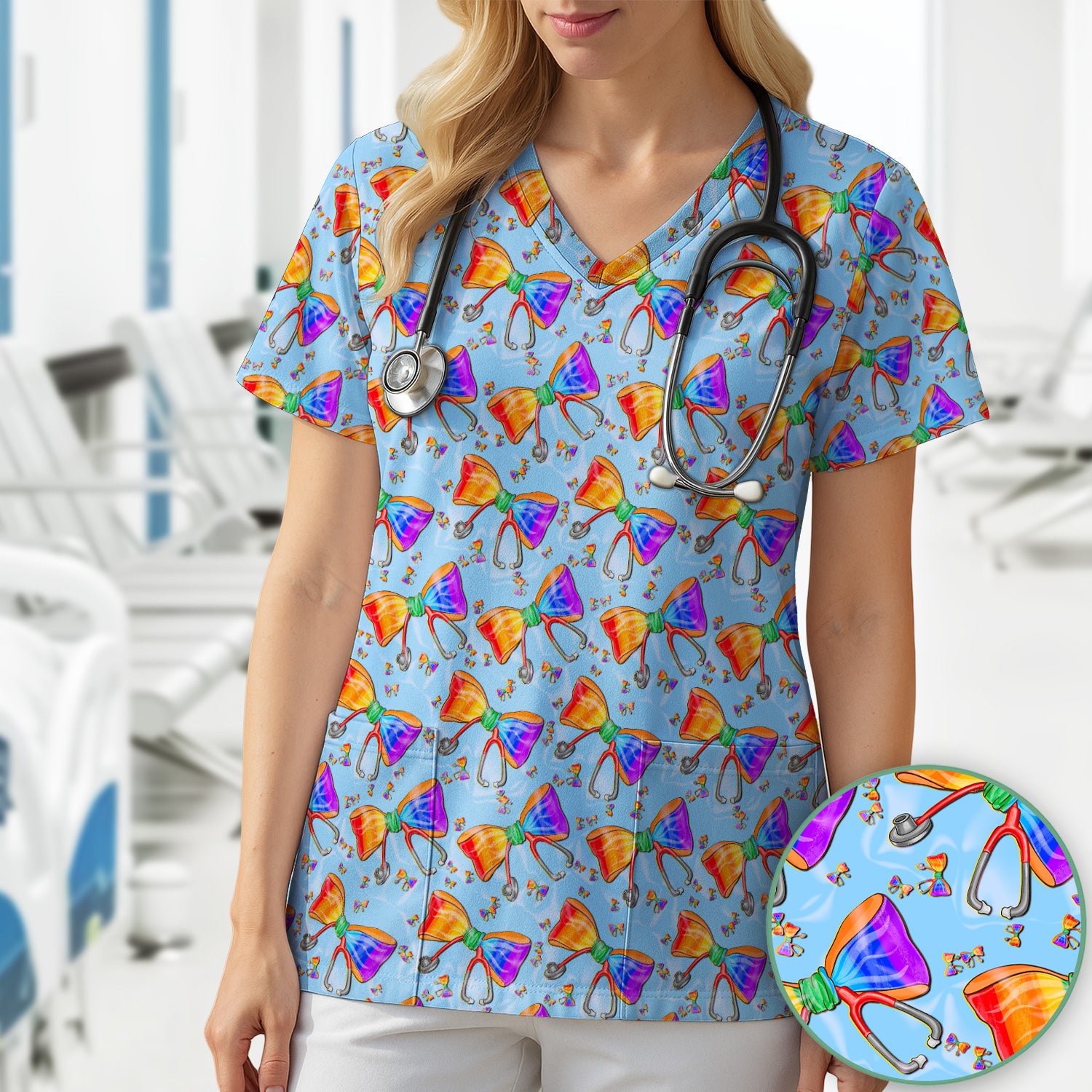 Colorful Rainbow Bow Stethoscope Pattern Scrub Top, Breathable Fabrics Nursing Uniform