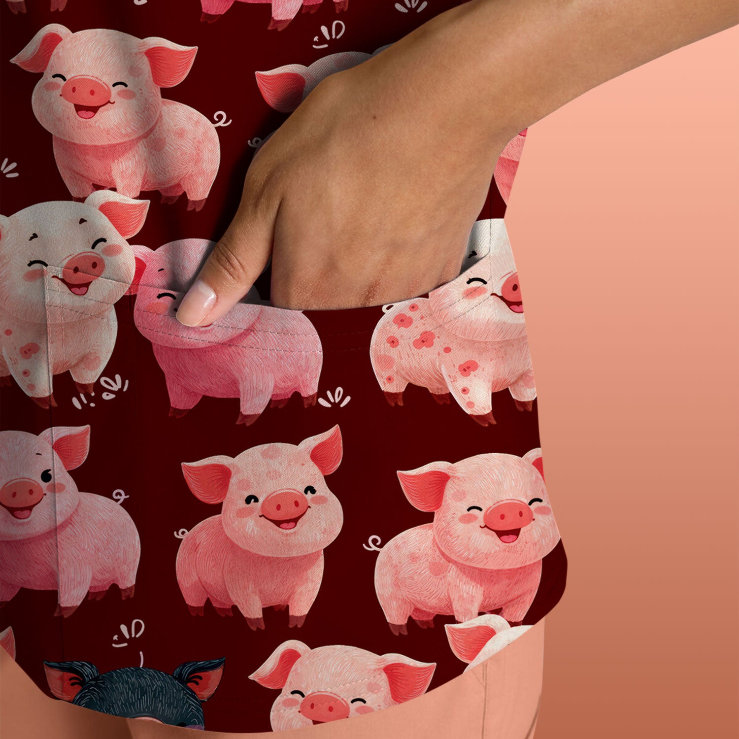 Funny Farm Pig Cartoon Pattern Scrub Top, Comfortable Scrubs for Nurses