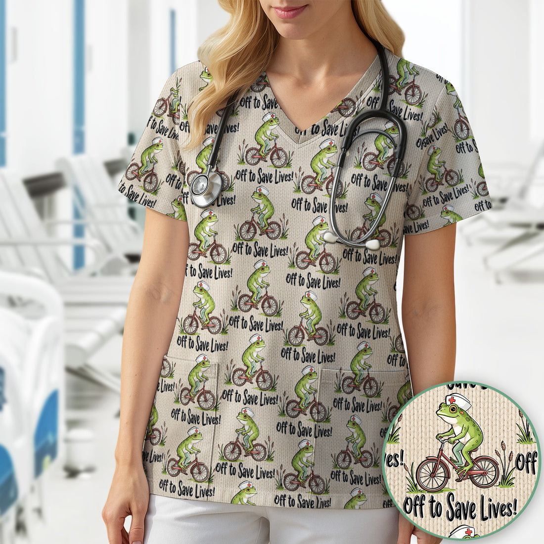 Nurse Frog Riding Bicycle Pattern Scrub Top, Breathable Fabrics Nursing Uniform Scrub Top, Comfortable Scrubs for Nurses