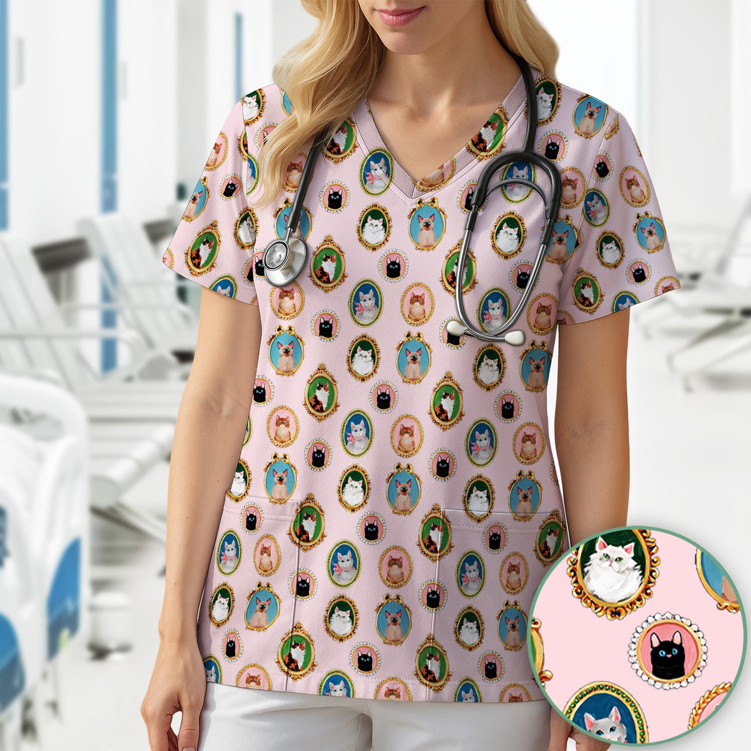 Vintage Cat Portrait Pattern Scrub Top, Breathable Medical Uniform Top