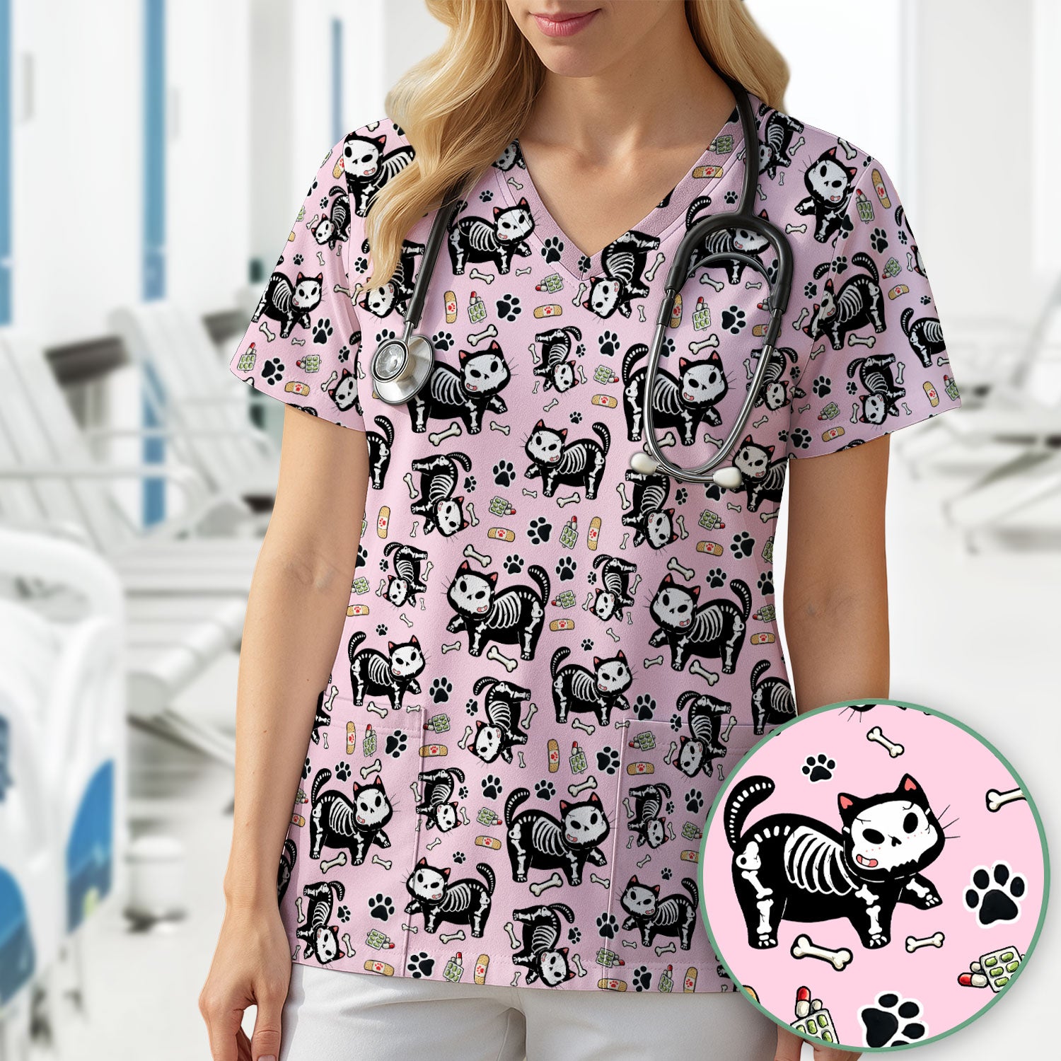 Skeleton Cat Medical Pattern Scrub Top, Comfortable Scrubs for Nurses