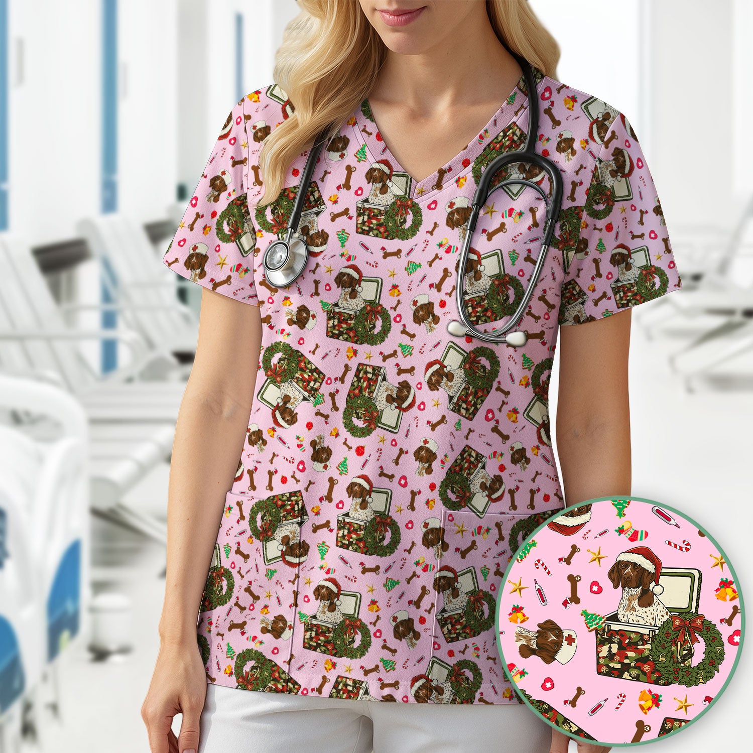Christmas Dachshund Scrub Top - Cute Sausage Dog Nurse Shirt - Funny Holiday Medical Uniform for Women RN LPN CNA Gift