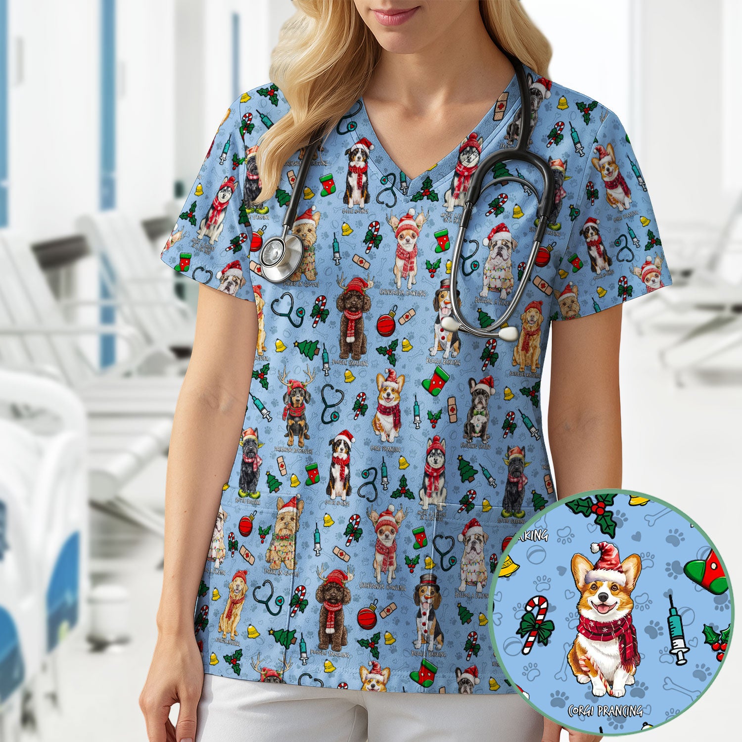Christmas Dog Scrubs for Nurses – Dachshund, Husky, Poodle, Corgi & Labrador Holiday Scrub Top – Funny Santa Pattern Medical Shirt