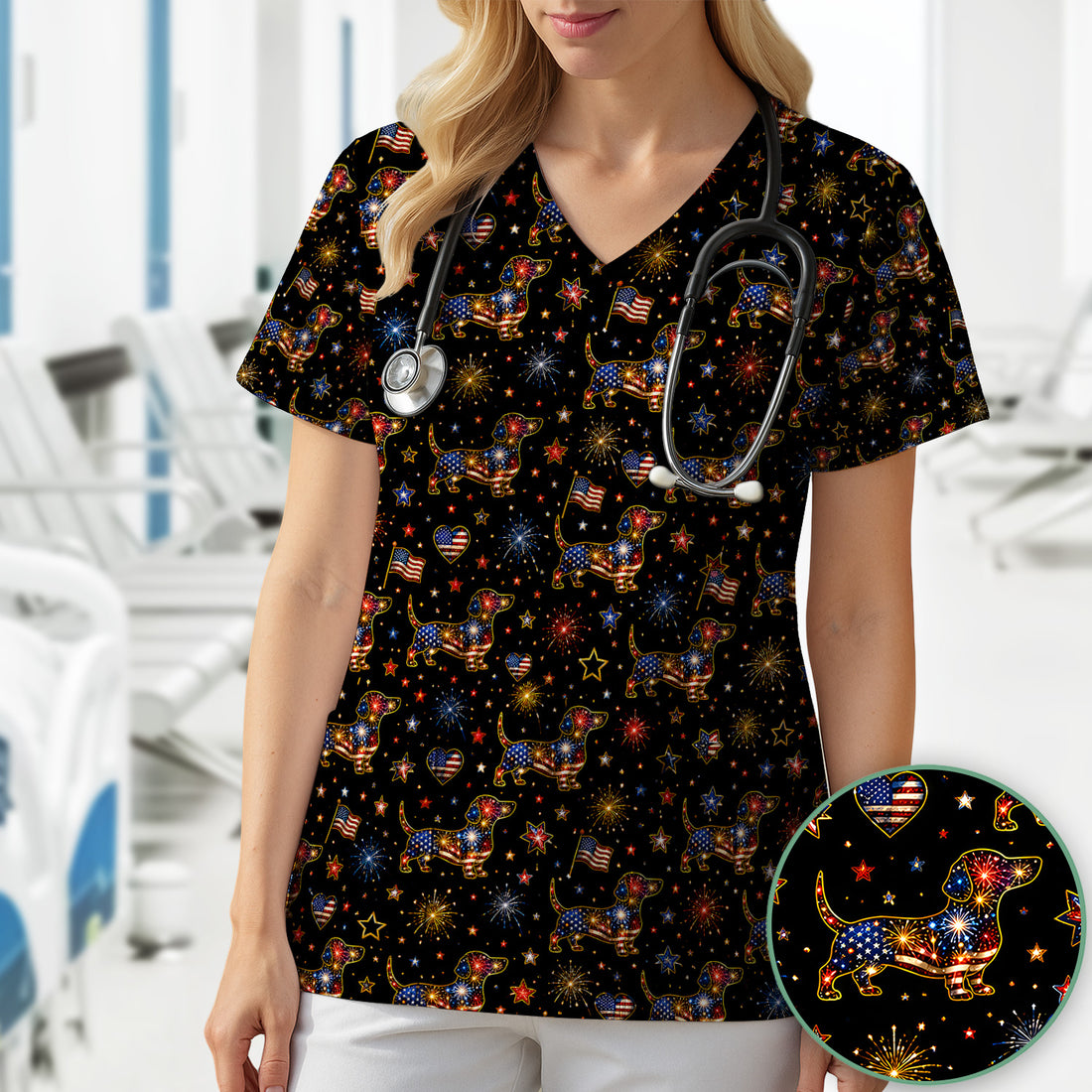 Patriotic Dachshund Nurse for RN & CNA, Fireworks Dog Lover Healthcare Uniform Scrub Top, Comfortable Scrubs for Nurses