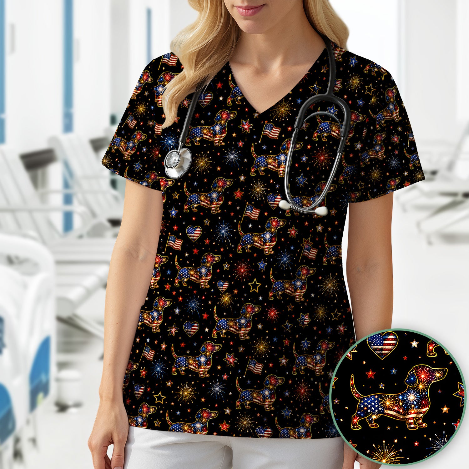 Patriotic Dachshund Nurse for RN & CNA, Fireworks Dog Lover Healthcare Uniform Scrub Top, Comfortable Scrubs for Nurses