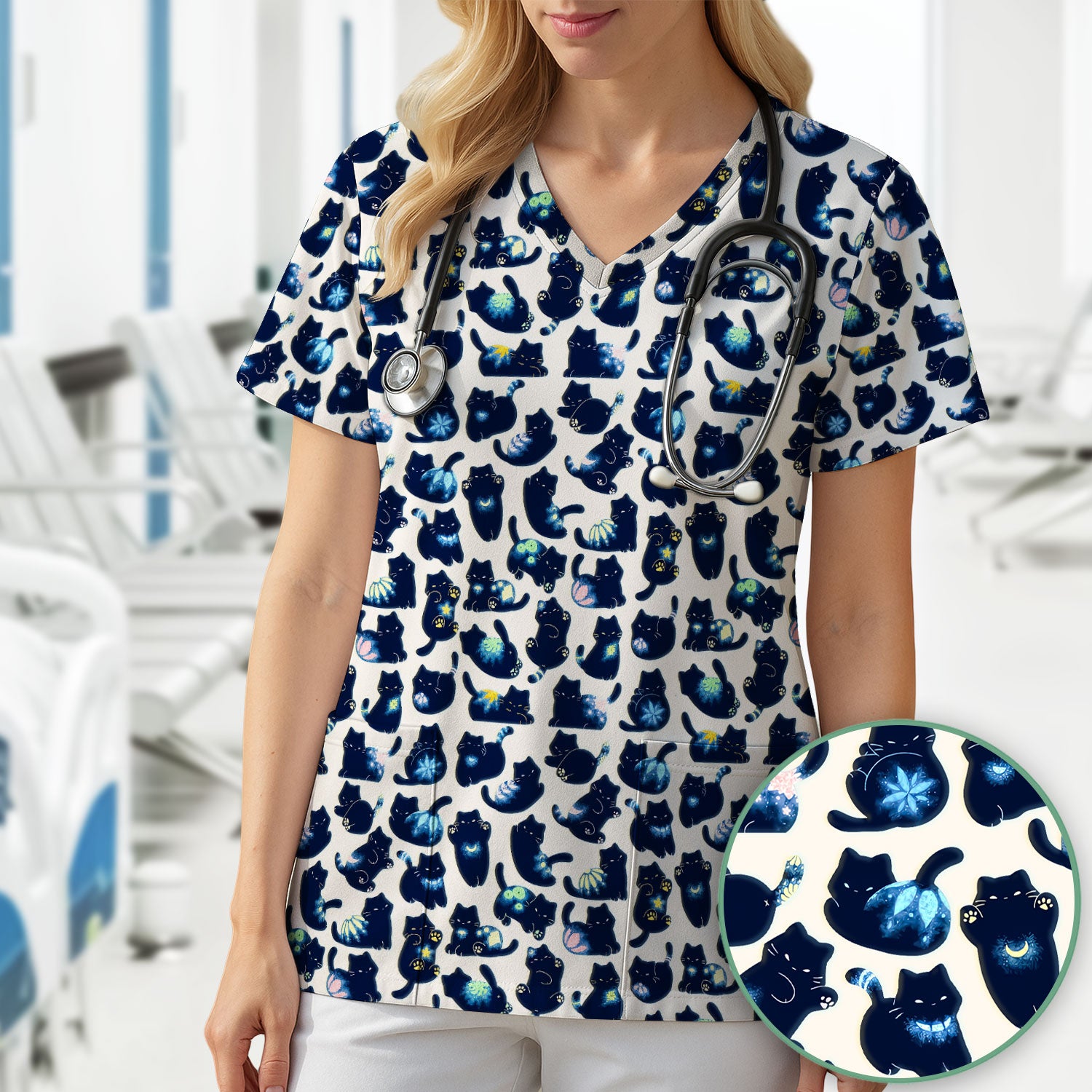 Midnight Cat Scrub Top, Black Cat Pattern Nurse Shirt, Breathable Fabrics Nursing Uniform