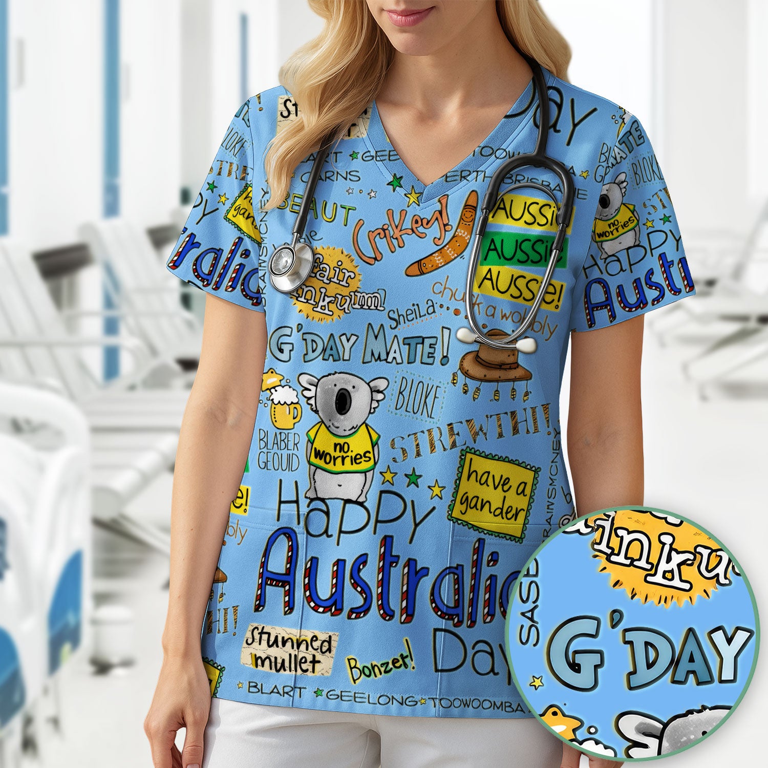 Cute Cartoon Koala Australia Pattern Scrub Top, Breathable Fabrics Nursing Uniform