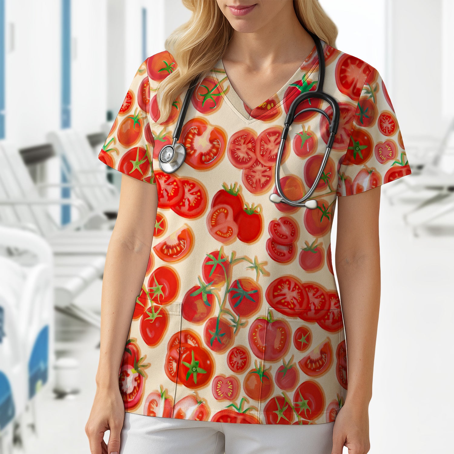 Fresh Tomato Slices Cherry Tomato Pattern Scrubs Top, Comfortable Scrubs for Nurses
