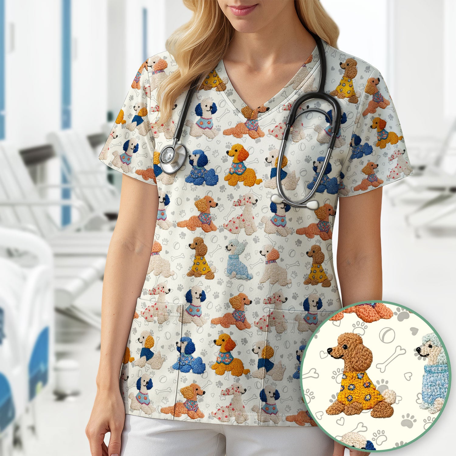 Cute Colorful Poodle Pattern Scrub Top, Comfortable Scrubs for Nurses