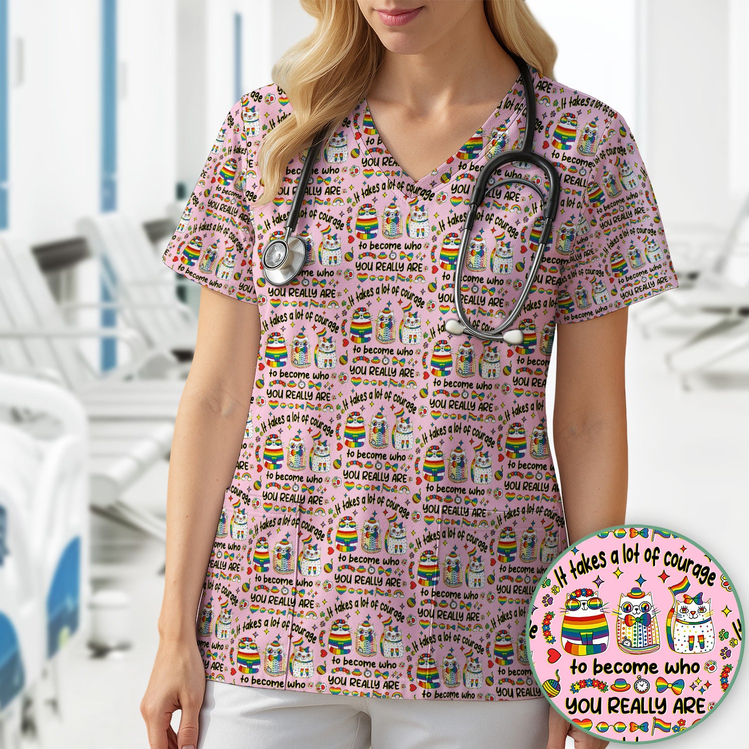 Inspirational Nurse Rainbow Cat Courage Quote Pattern Scrub Top, Breathable Fabrics Nursing Uniform