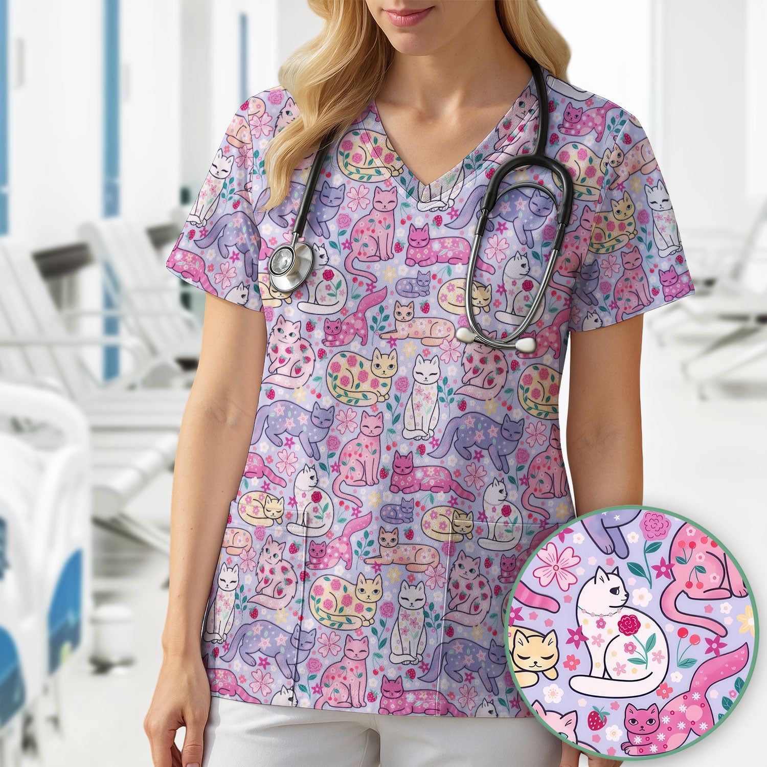 Funny Colorful Pastel Cats Floral Strawberry Print Scrub Top, Breathable Fabrics Nursing Uniform