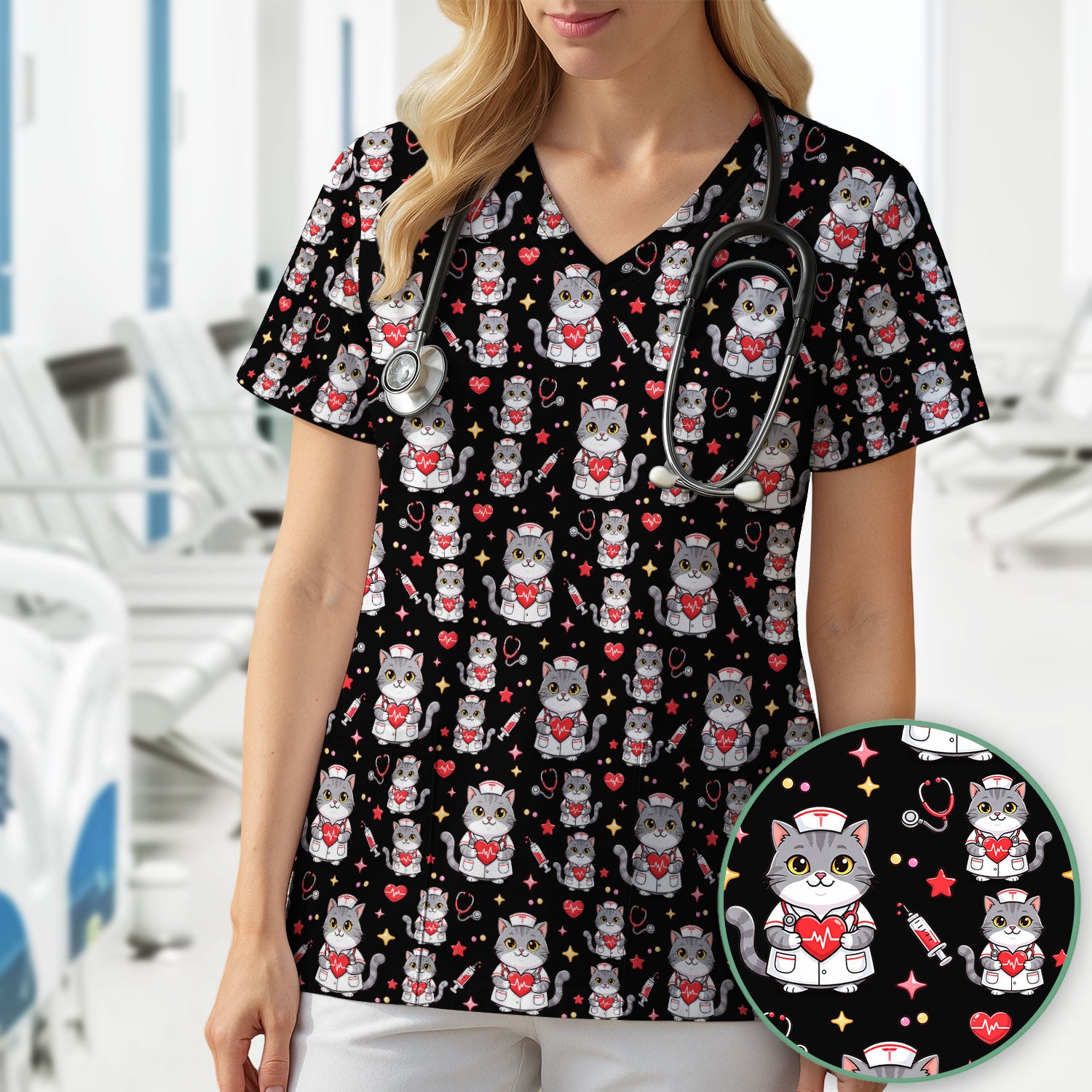 Cute Nurse Cat Heart Medical Print Scrub Top, Comfortable Scrubs for Nurses