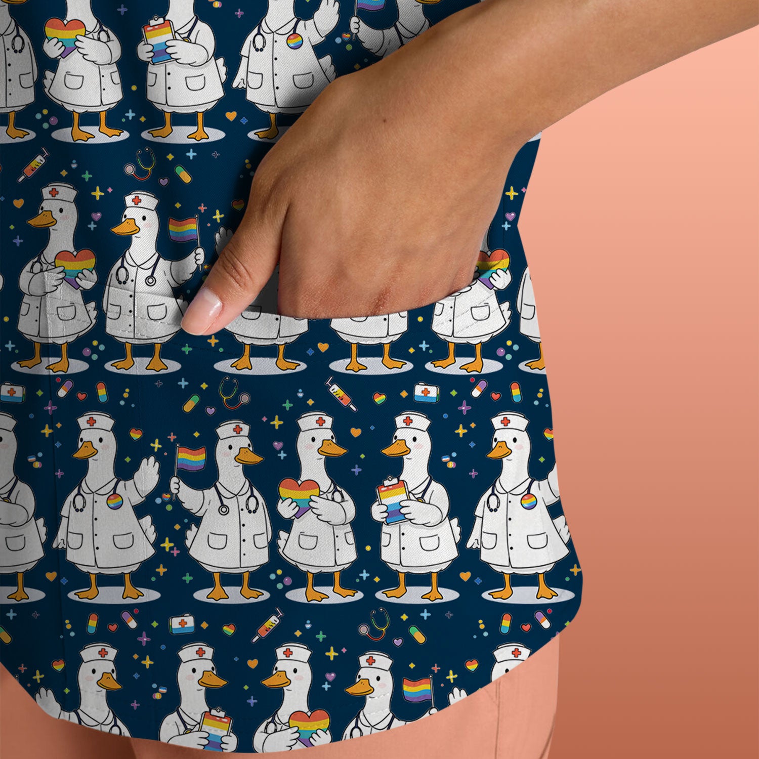 Cute Nurse Duck Pride Theme Scrub Top for Women, Breathable Nursing Uniform