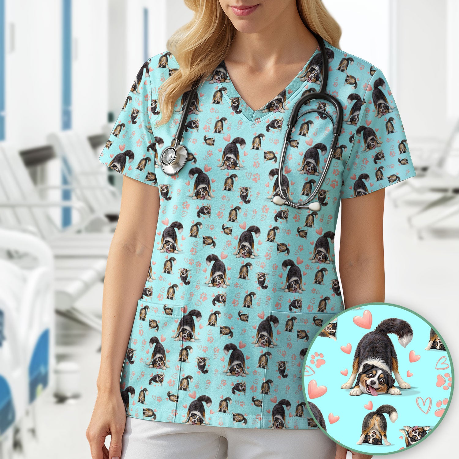 Playful Dog Heart Medical Print Scrub Top, Breathable Fabrics Nursing Uniform