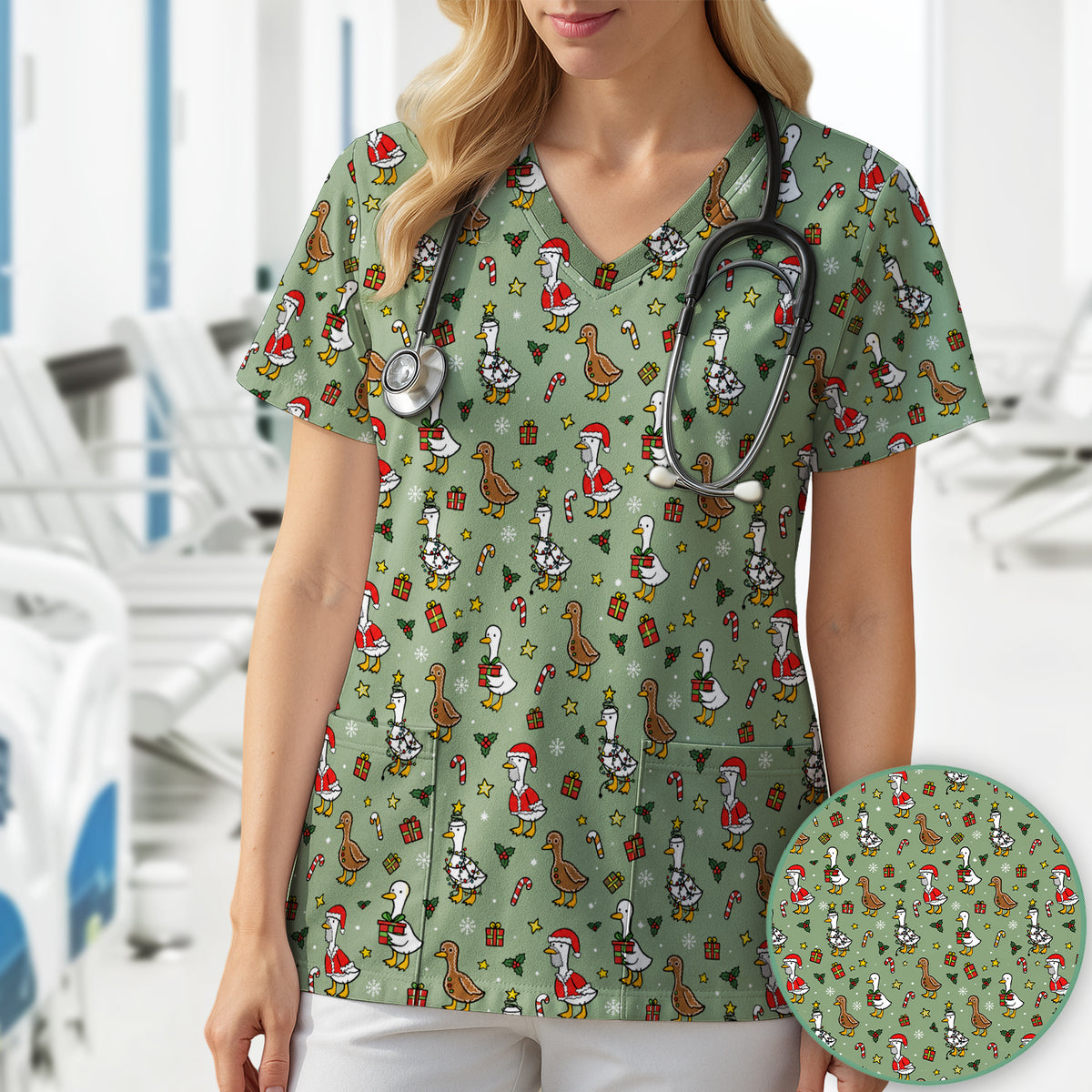 Christmas Geese In Festive Costumes Scrub Top, Comfortable Scrubs for Nurses