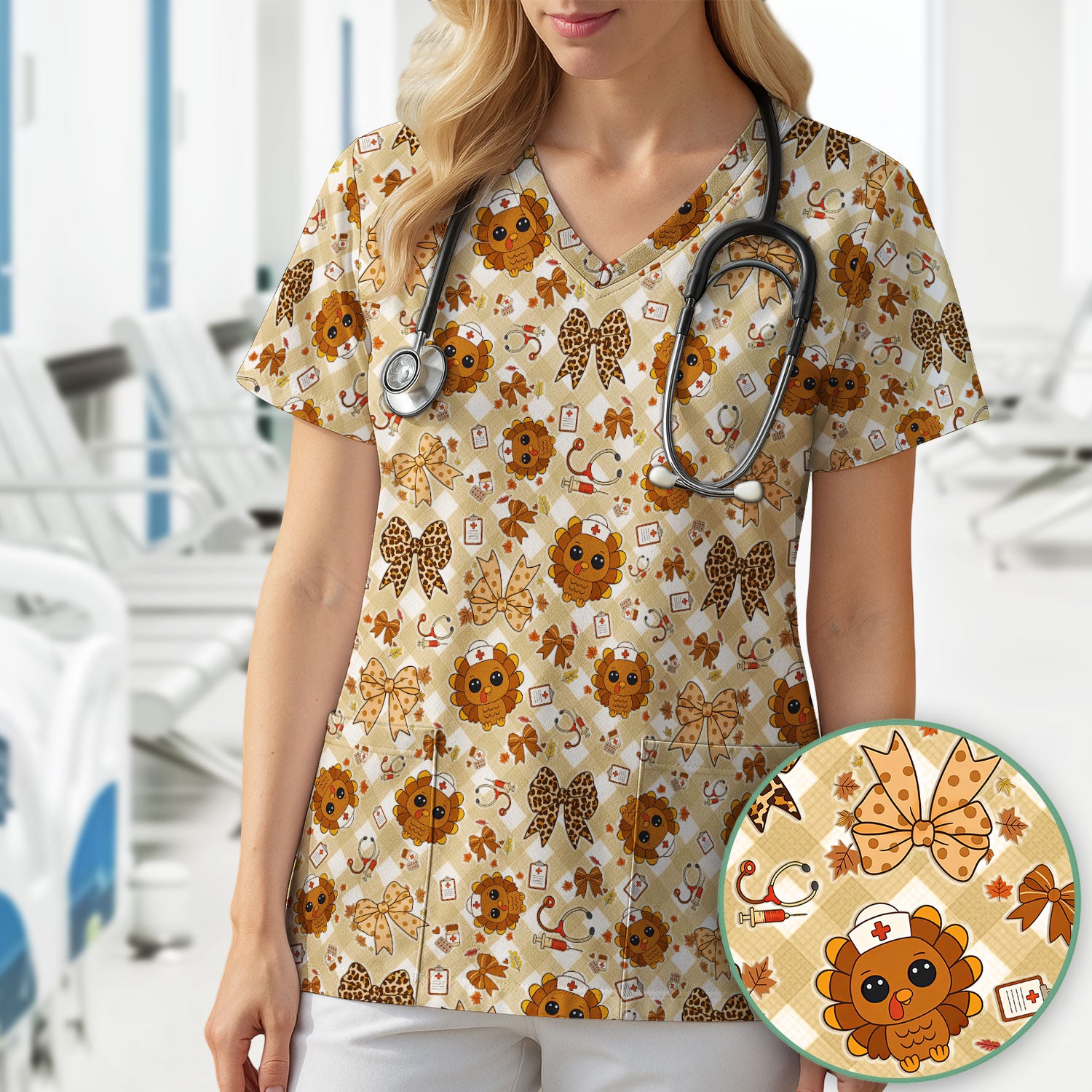 Thanksgiving Turkey Scrub Top for Nurses - Cute Fall Leaves and Bow Shirt - Funny Autumn Nursing Gift for Women RN LPN CNA