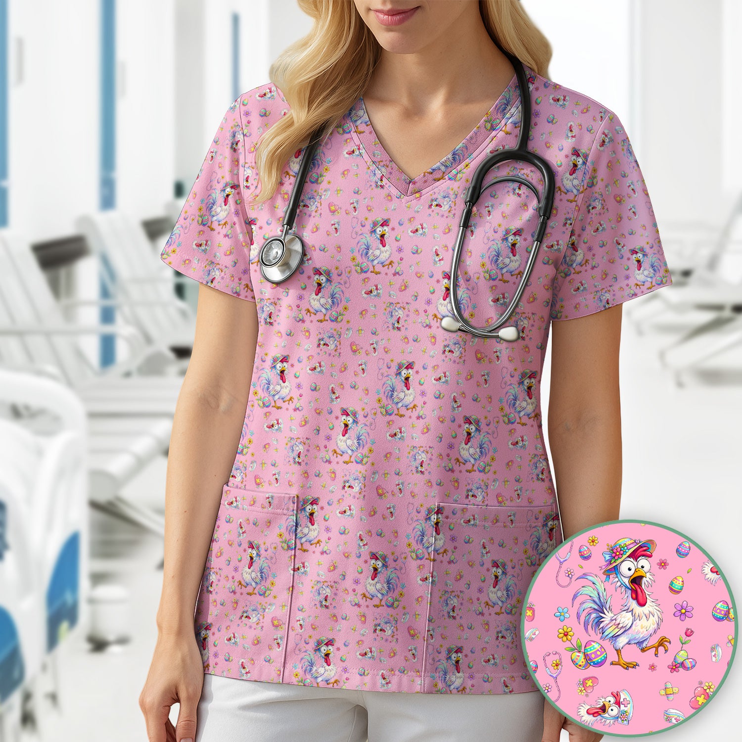Funny Easter Nurse Chicken Pattern Scrub Top, Comfortable Scrubs for Nurses