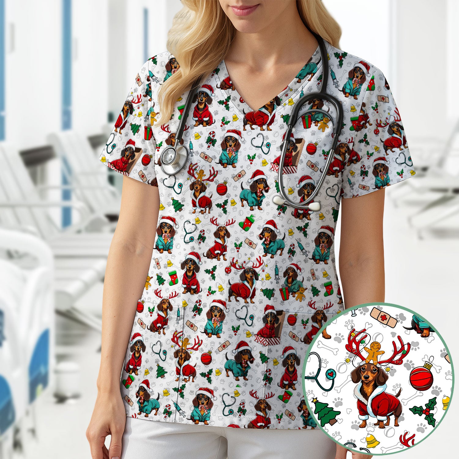Christmas Dachshund Scrubs for Nurses - Cute Sausage Dog Holiday Scrub Top - Funny Reindeer & Santa Medical Shirt for Women
