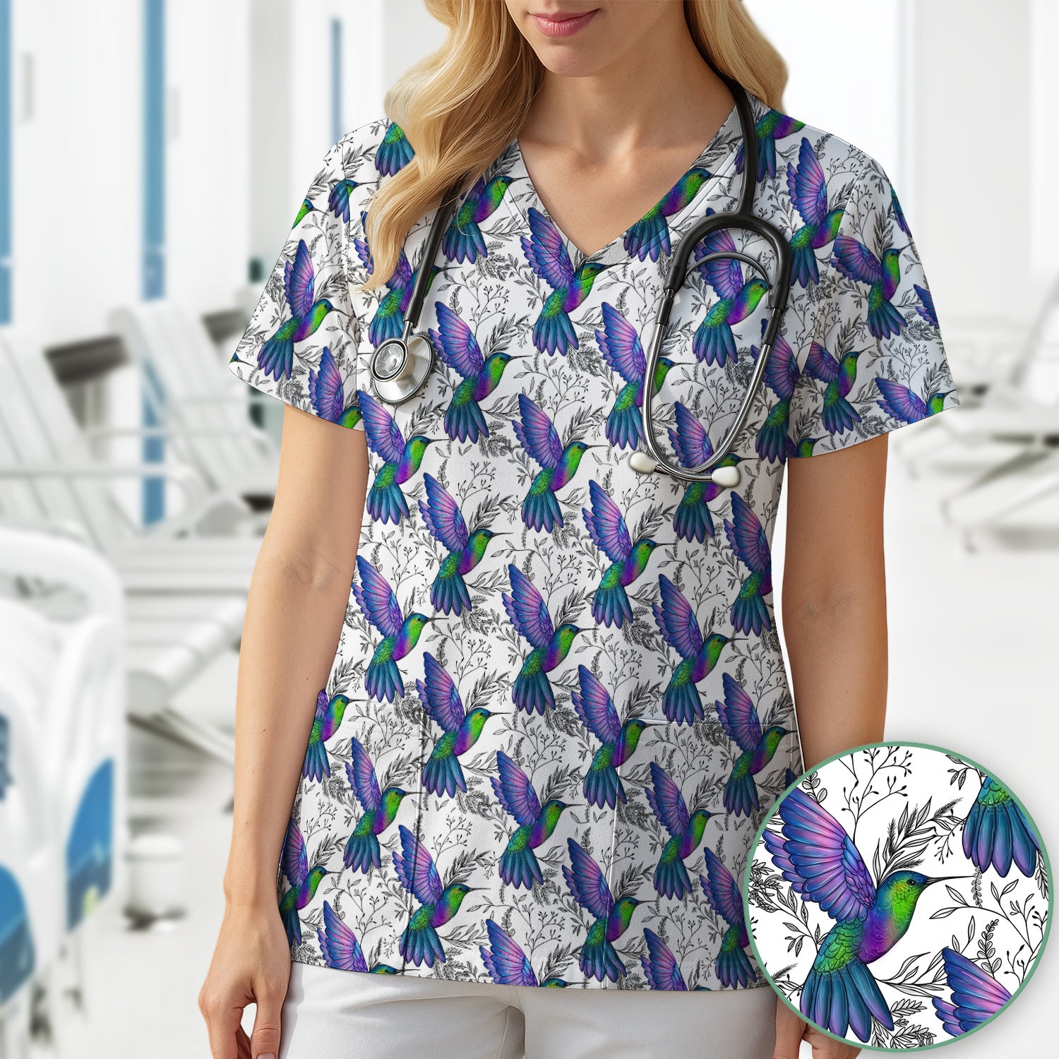 Colorful Hummingbird Flying Botanical Pattern Scrub Top, Comfortable Scrubs for Nurses