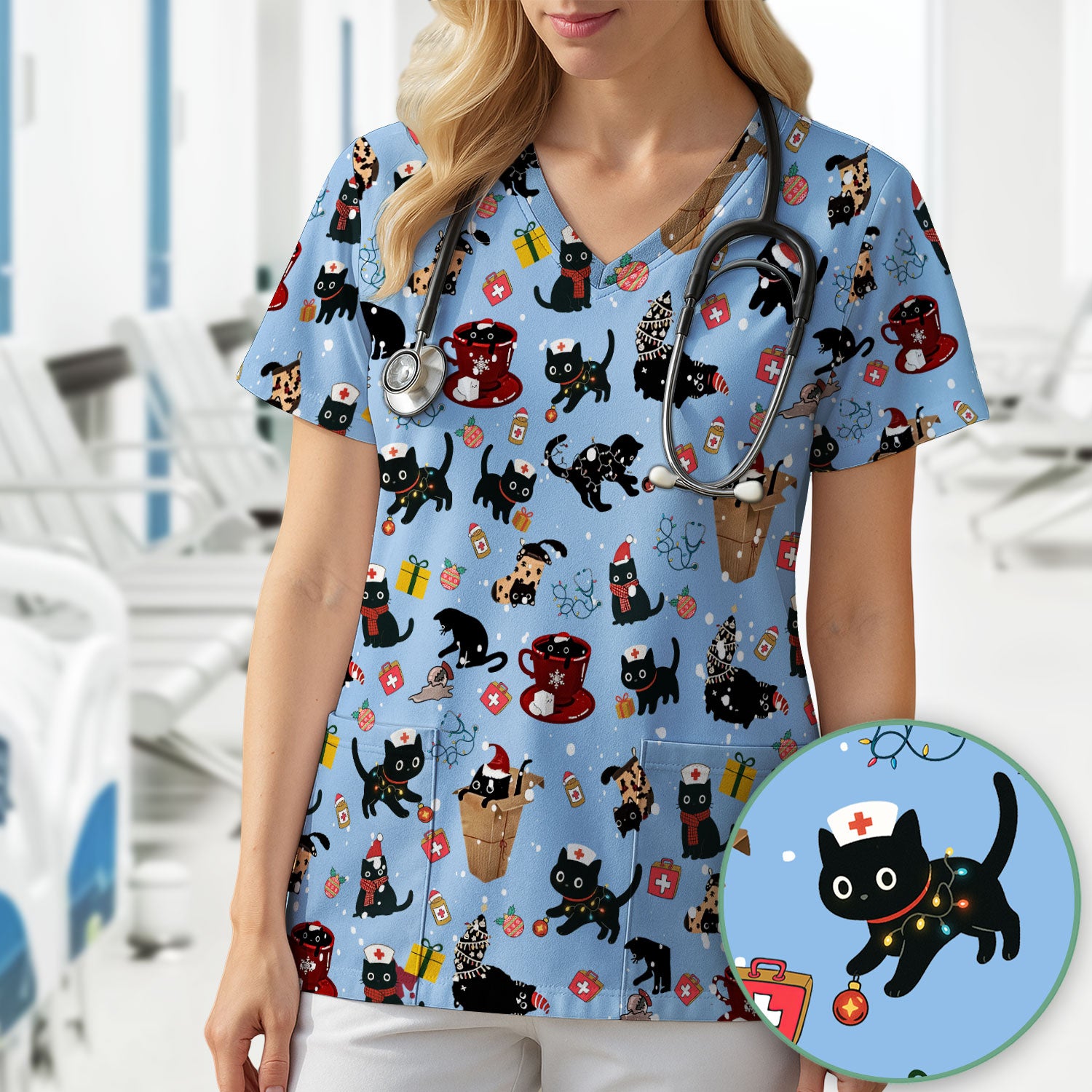 Christmas Cat Scrub Top for Nurse - Funny Black Cats Shirt - Cute Holiday Medical Uniform for Women