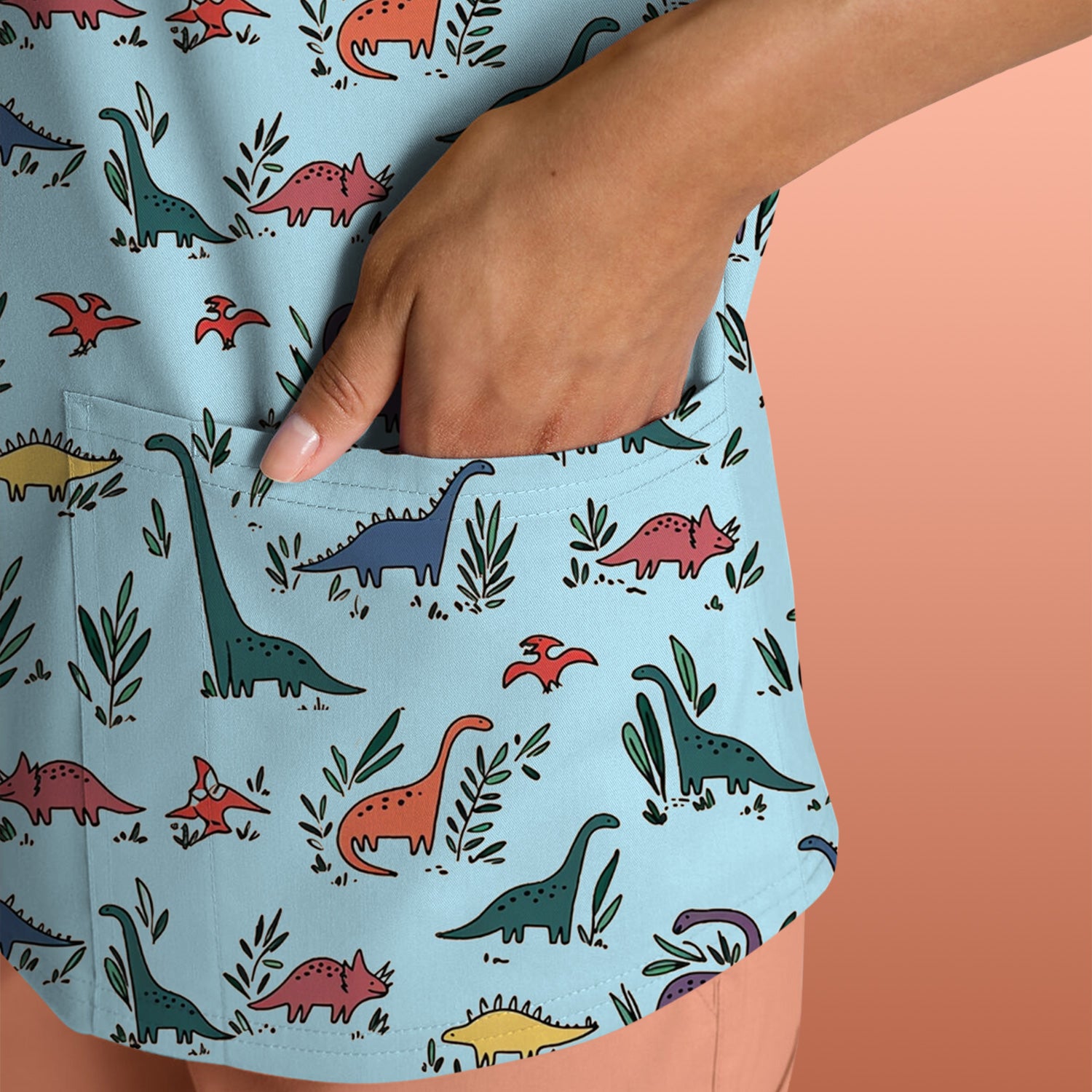 Cute Dinosaur Leafy Garden Pattern Scrub Top, Comfortable Scrubs for Nurses