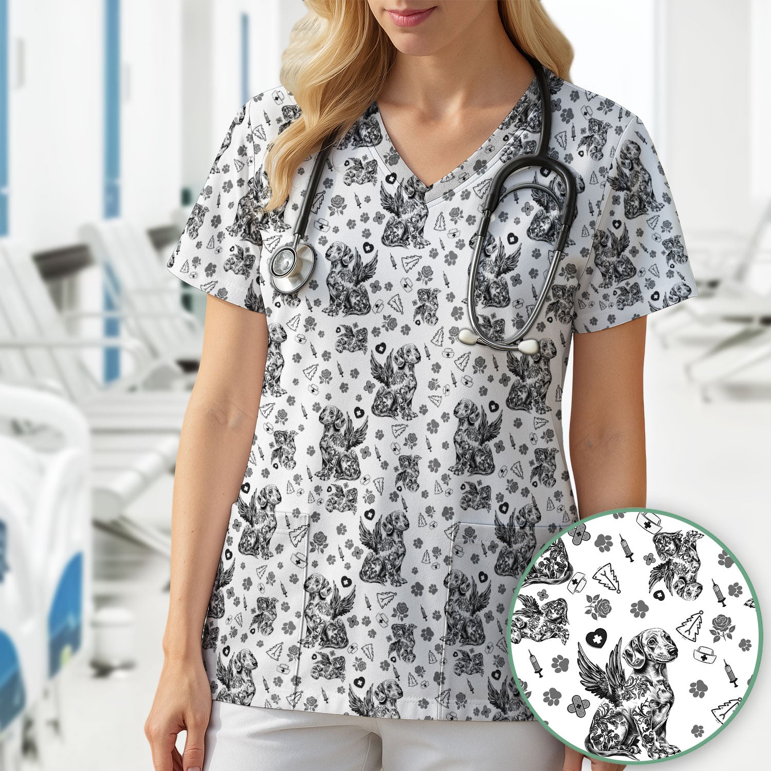 Toile de Jouy Dachshund Angel Scrub Top - Blue Vintage Dog Nurse Shirt - Memorial Christmas Gift