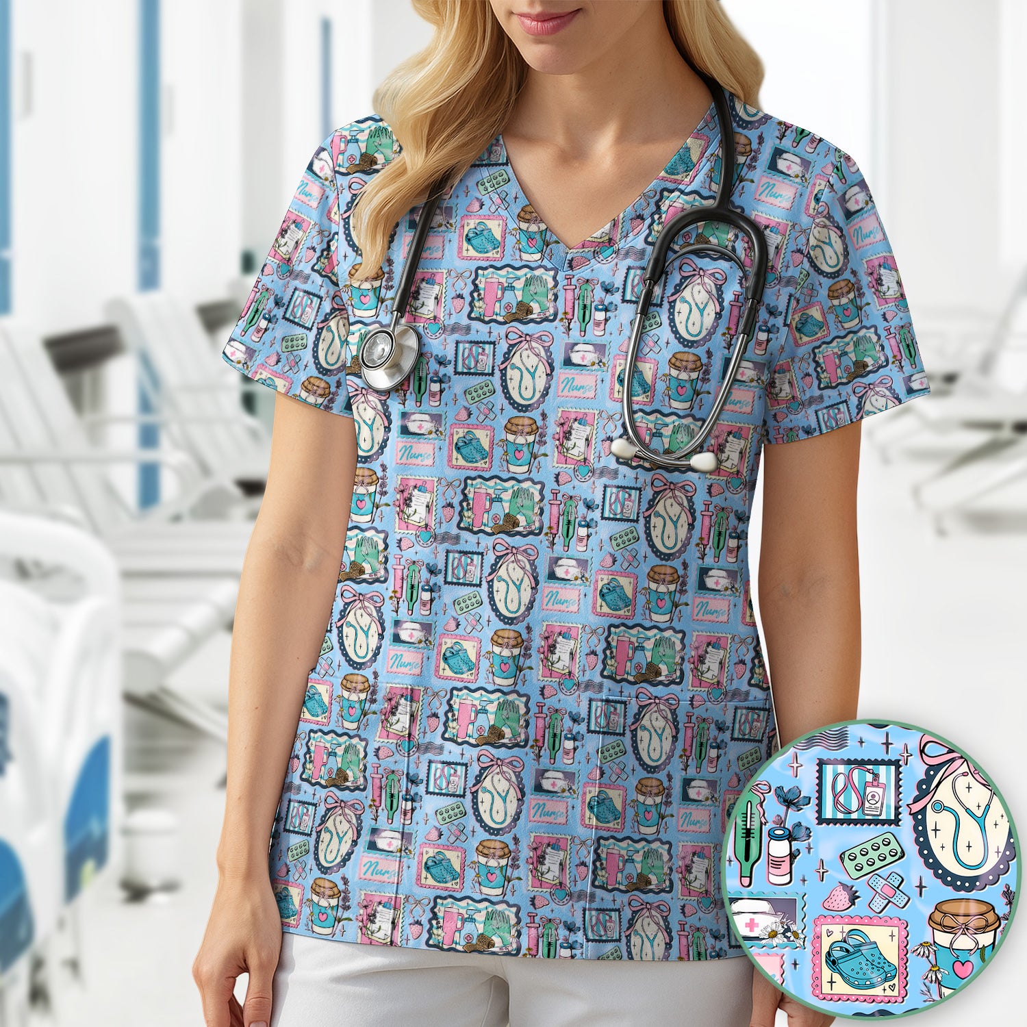 Medical Tools Stethoscope Syringe Frame Scrub Top, Breathable Fabrics Nursing Uniform