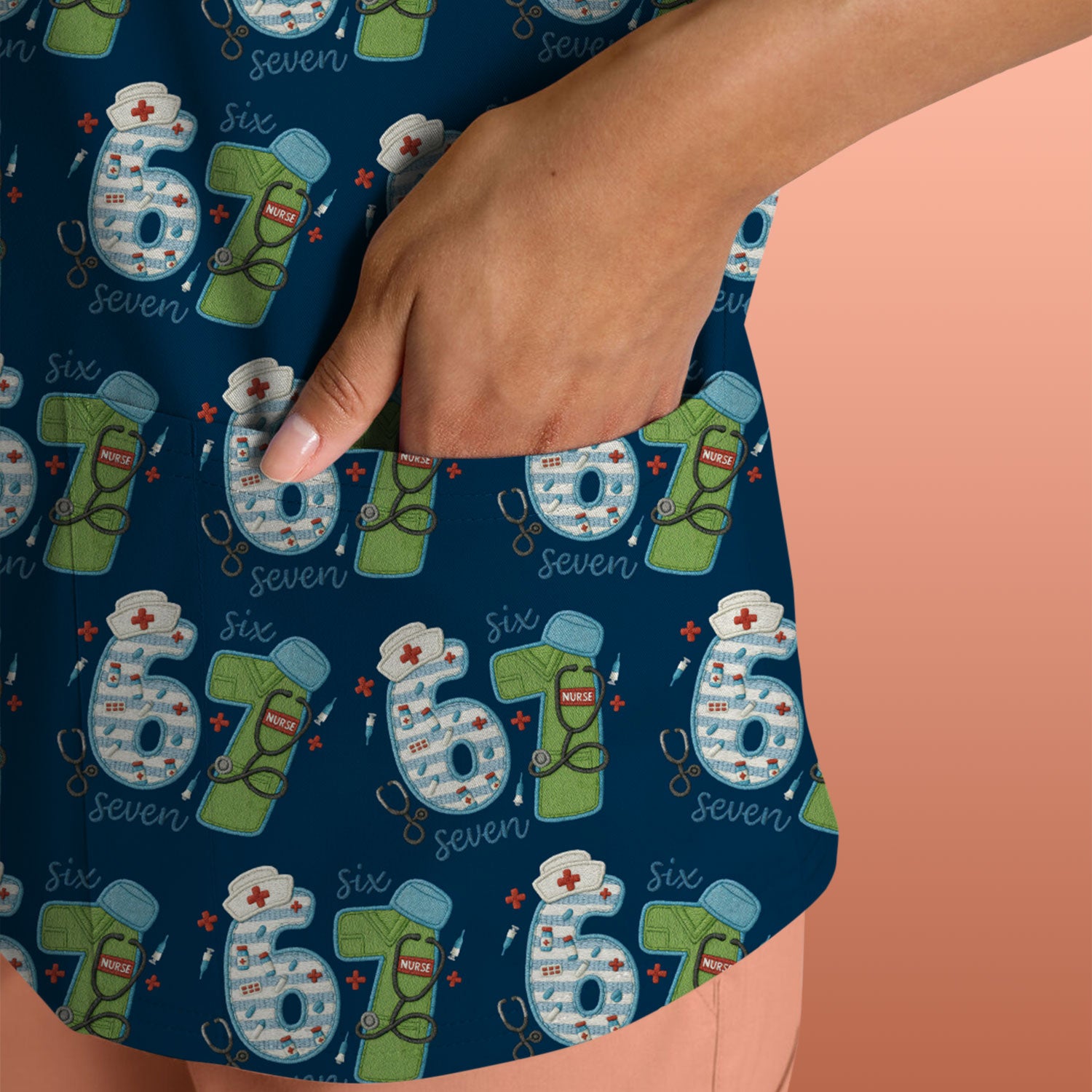 Nurse Six Seven Pattern Scrub Top, Cute Medical Number Print Shirt for Nursing Professionals