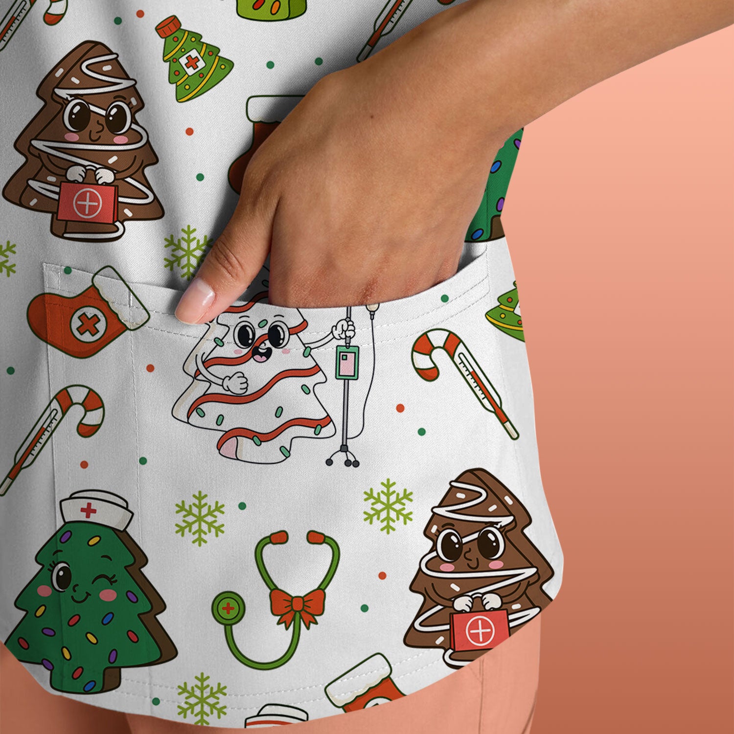 Funny Christmas Nurse Scrub Top - Adorable Tree Pattern Holiday Shirt - Cute Gift for Women RN LPN CNA