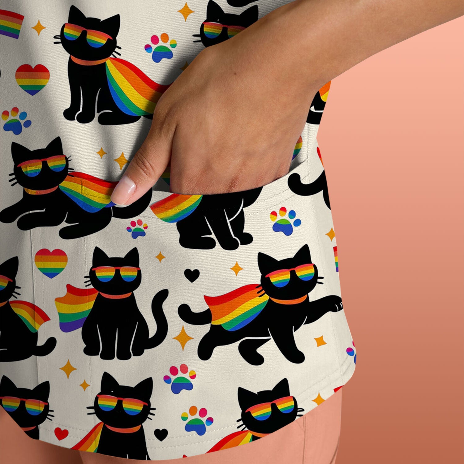 Rainbow Black Cat Pride Pattern Scrub Top, Breathable Fabrics Nursing Uniform