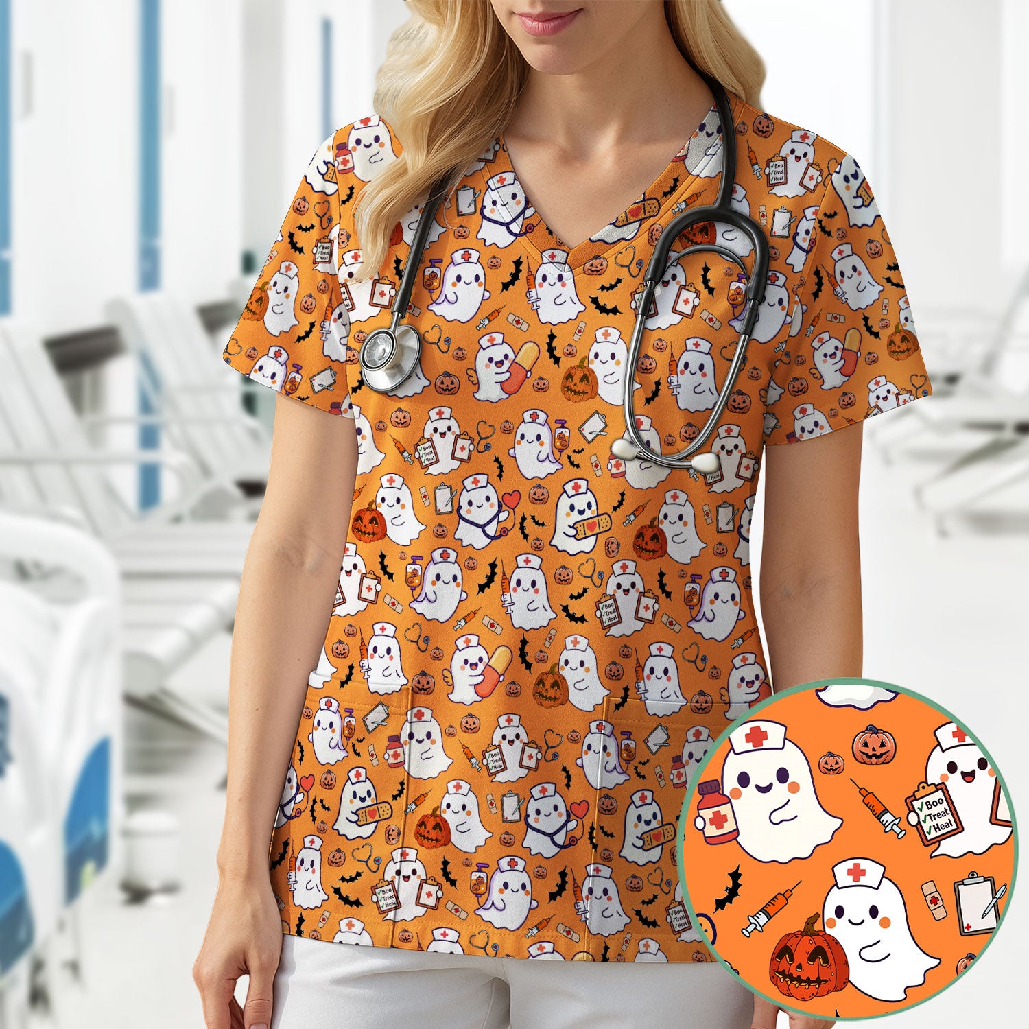 Halloween Scrubs for Women - Pumpkin Shirt - Comfortable Scrubs for Nurses - Breathable Fabrics Nursing Uniform - Holiday Gift for Her