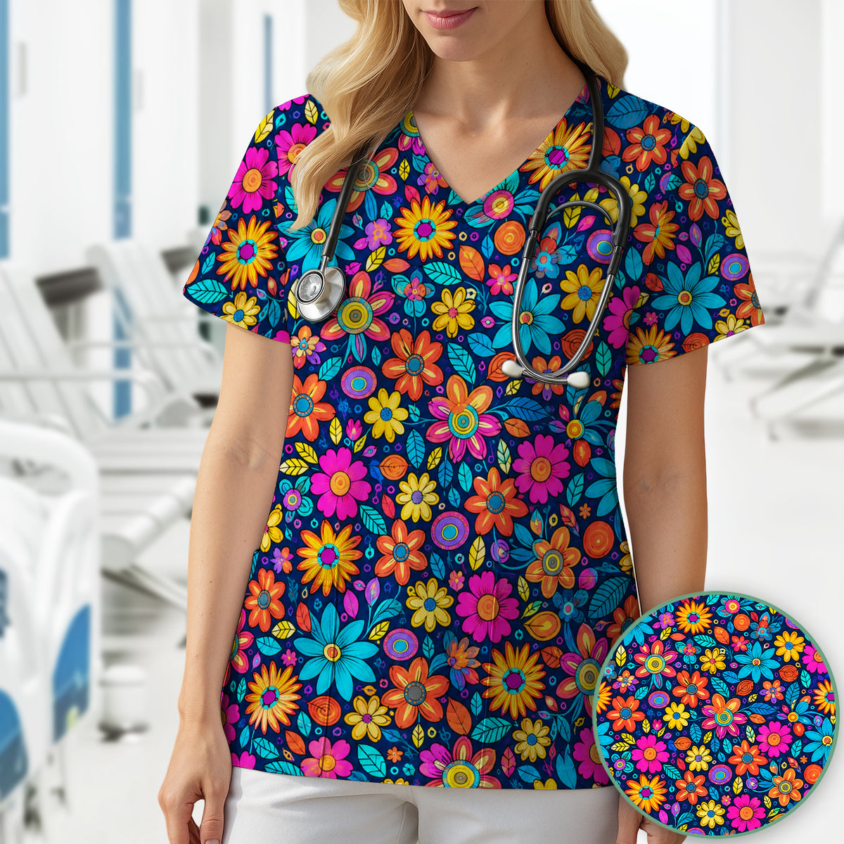 Vibrant Retro Floral Doodle Pattern Scrub Top, Comfortable Scrubs for Nurses