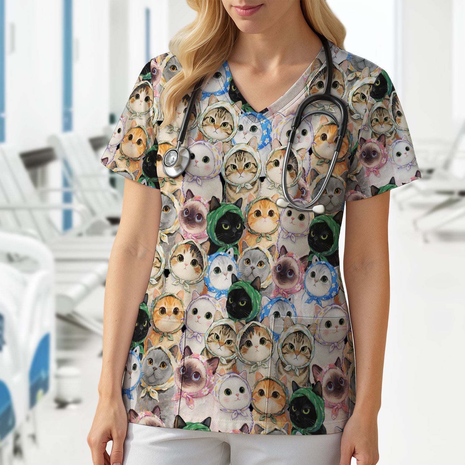 Adorable Multi Cat Portrait Pattern Scrub Top, Comfortable Scrubs for Nurses