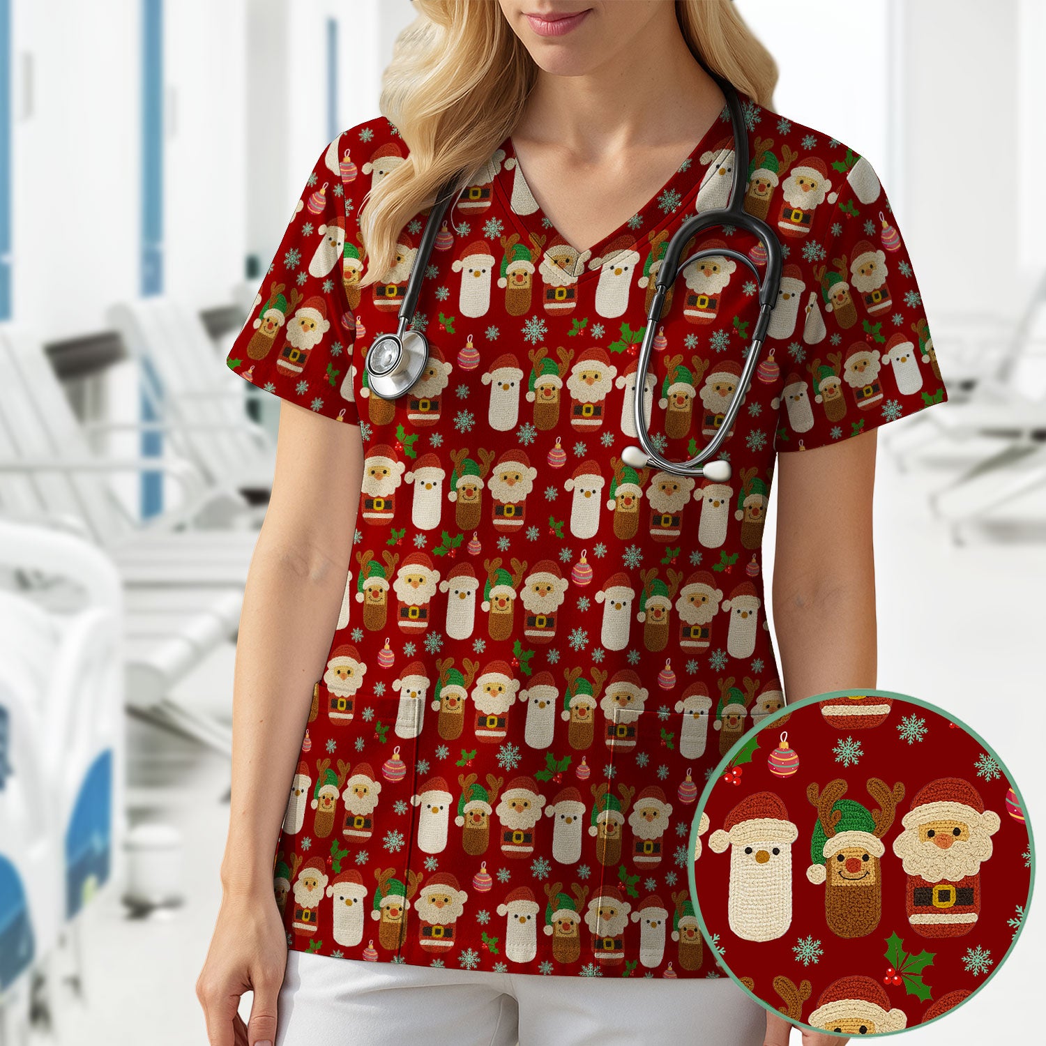 Christmas Santa Reindeer Snowman Scrub Top - Holiday Chill Pill Nurse Shirt - Funny Medical Uniform for Women