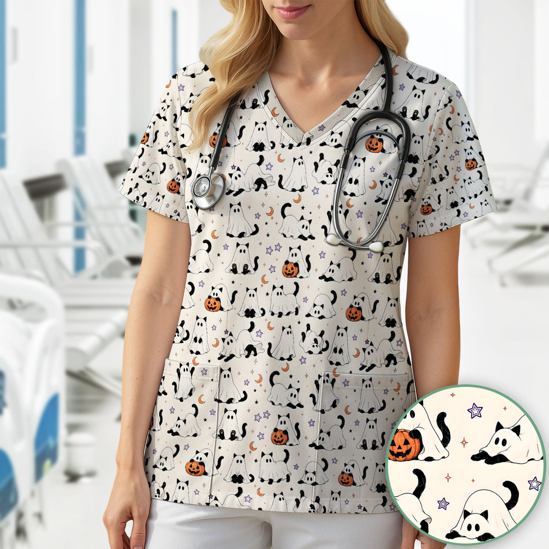 Halloween Ghost Cats And Pumpkins Scrub Top, Comfortable Scrubs for Nurses