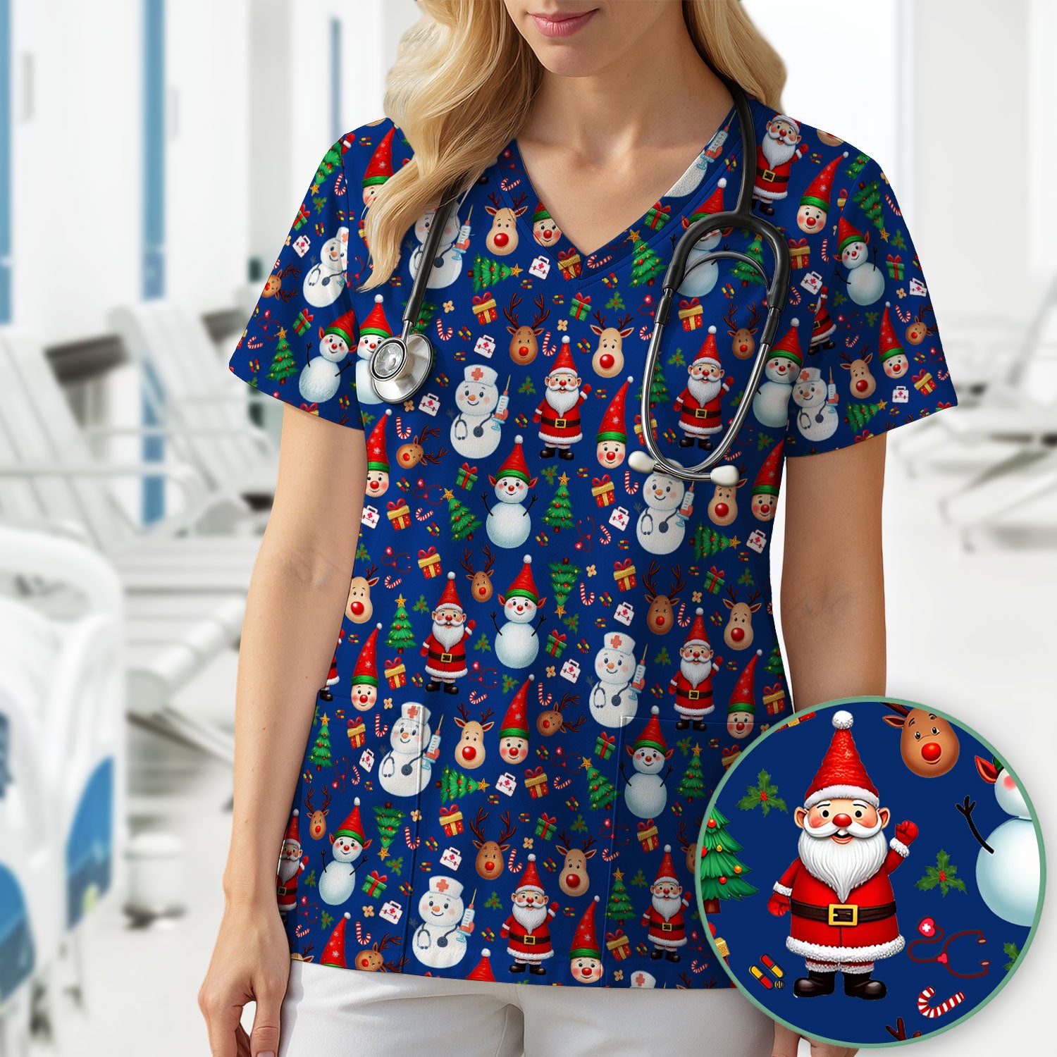 Christmas Scrub Top for Nurses - Cute Snowman Reindeer Santa Pattern - Holiday Medical Uniform RN CNA LPN Gift
