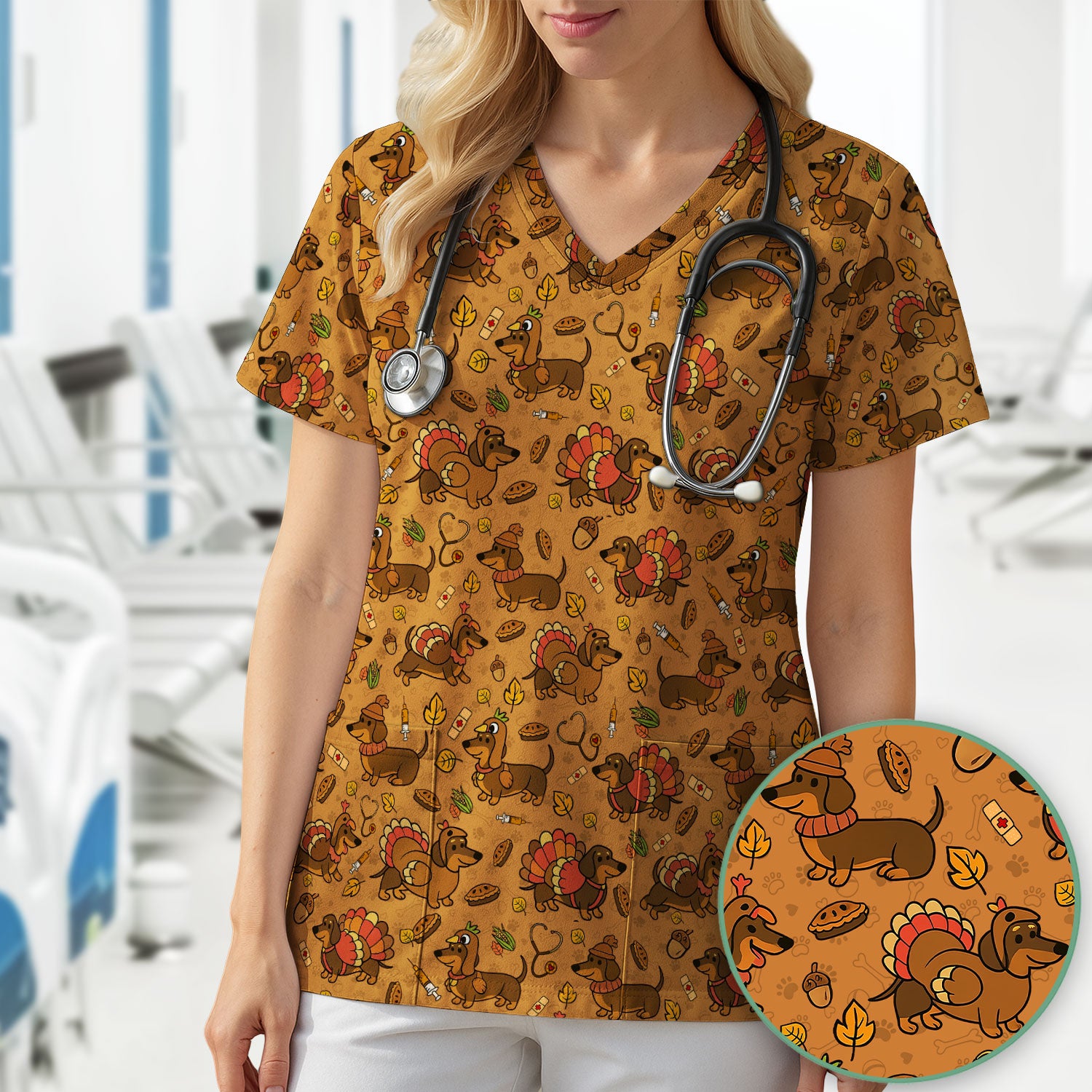 Thanksgiving Dachshund Scrubs Top - Cute Dog Turkey Medical Uniform Shirt for Nurses - Funny Holiday Gift