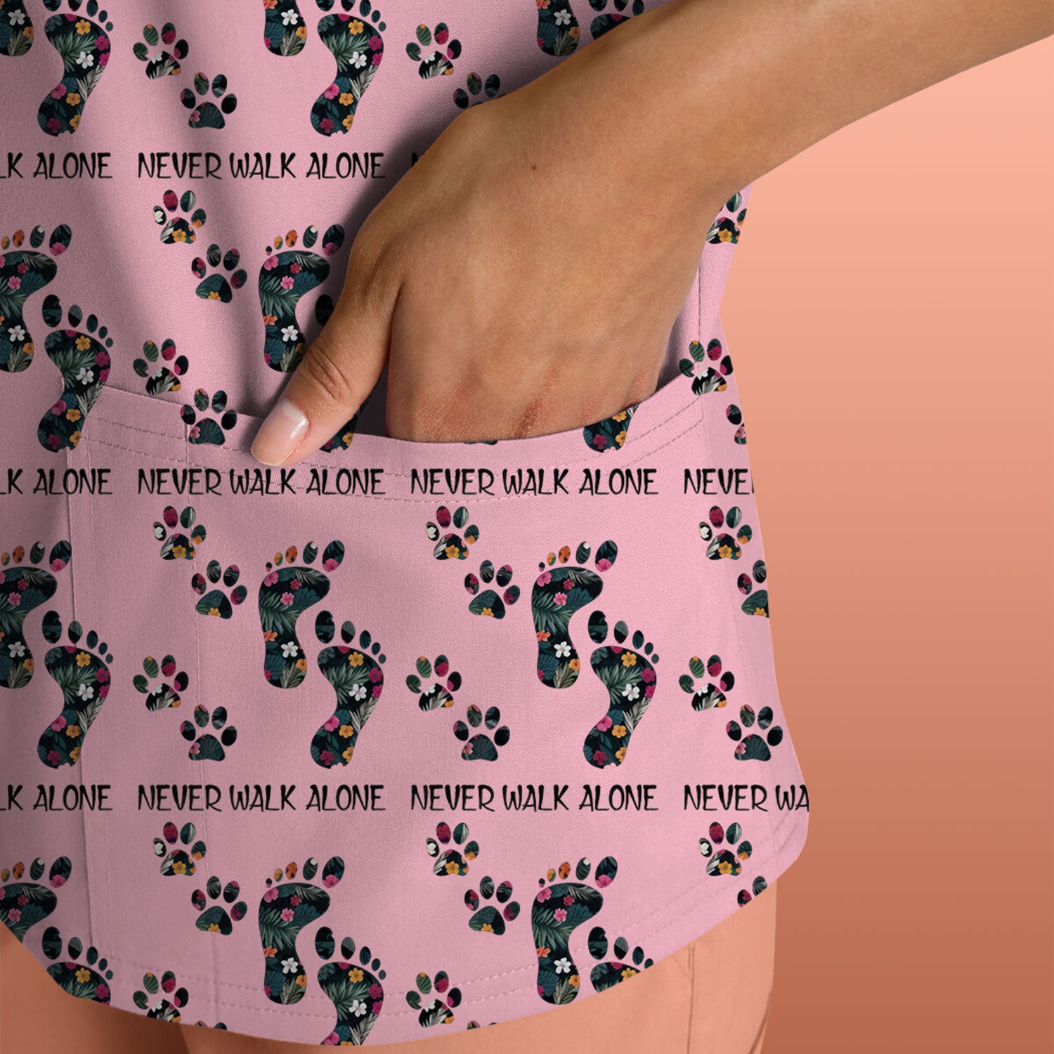 Never Walk Alone Scrub Top, Floral Paw Print Medical Scrub Shirt for Nurses, Vet Techs And Healthcare Workers