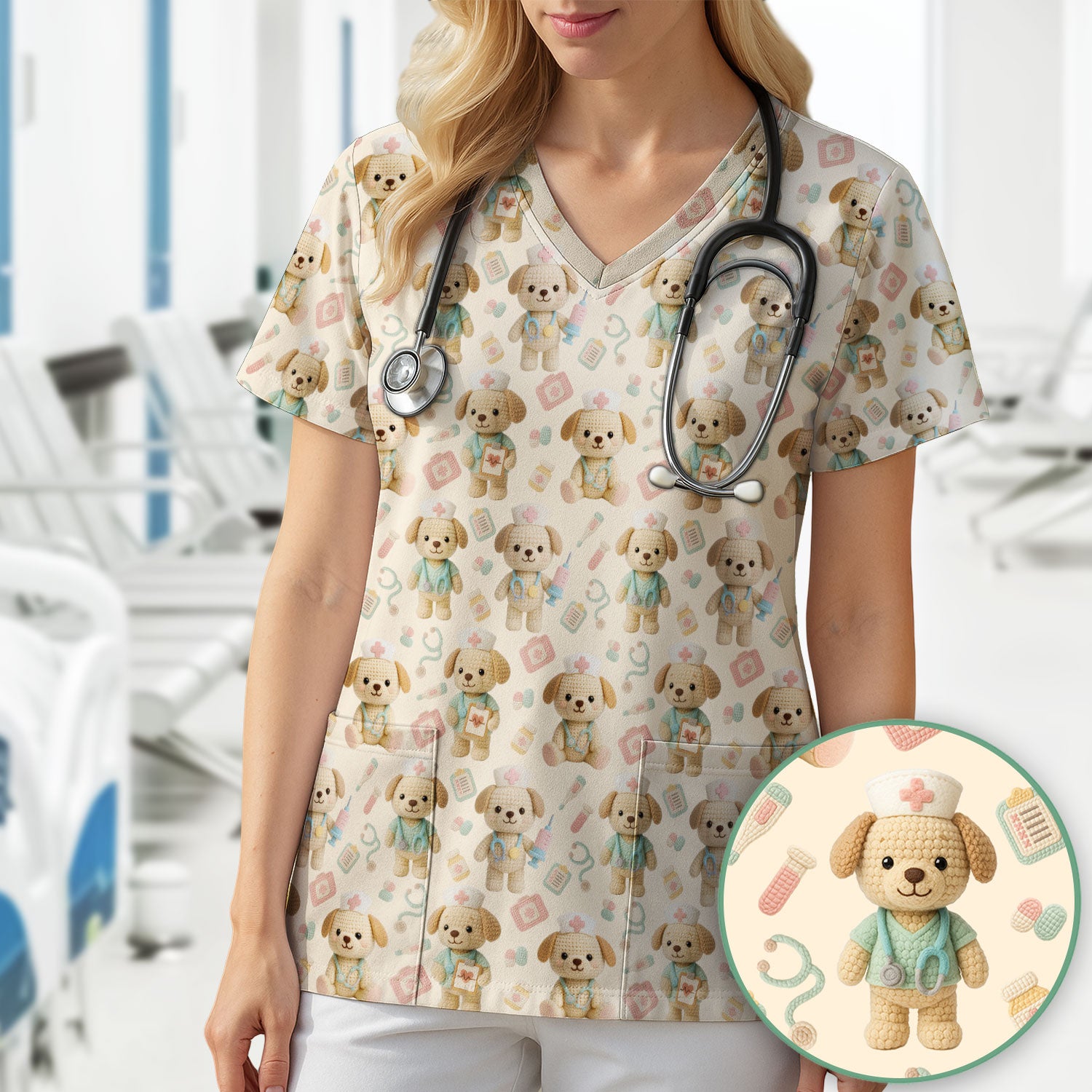 Cute Labrador Scrub Top for Nurse - Pastel Crochet Dog Medical Scrubs - Adorable Puppy Med Uniform Gift for Women