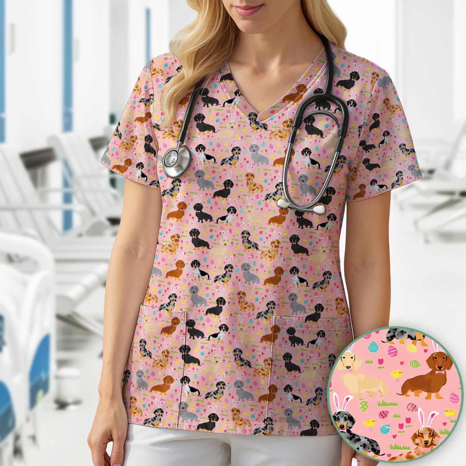 Easter Dachshund Dog Pattern Scrub Top, Comfortable Scrubs for Nurses