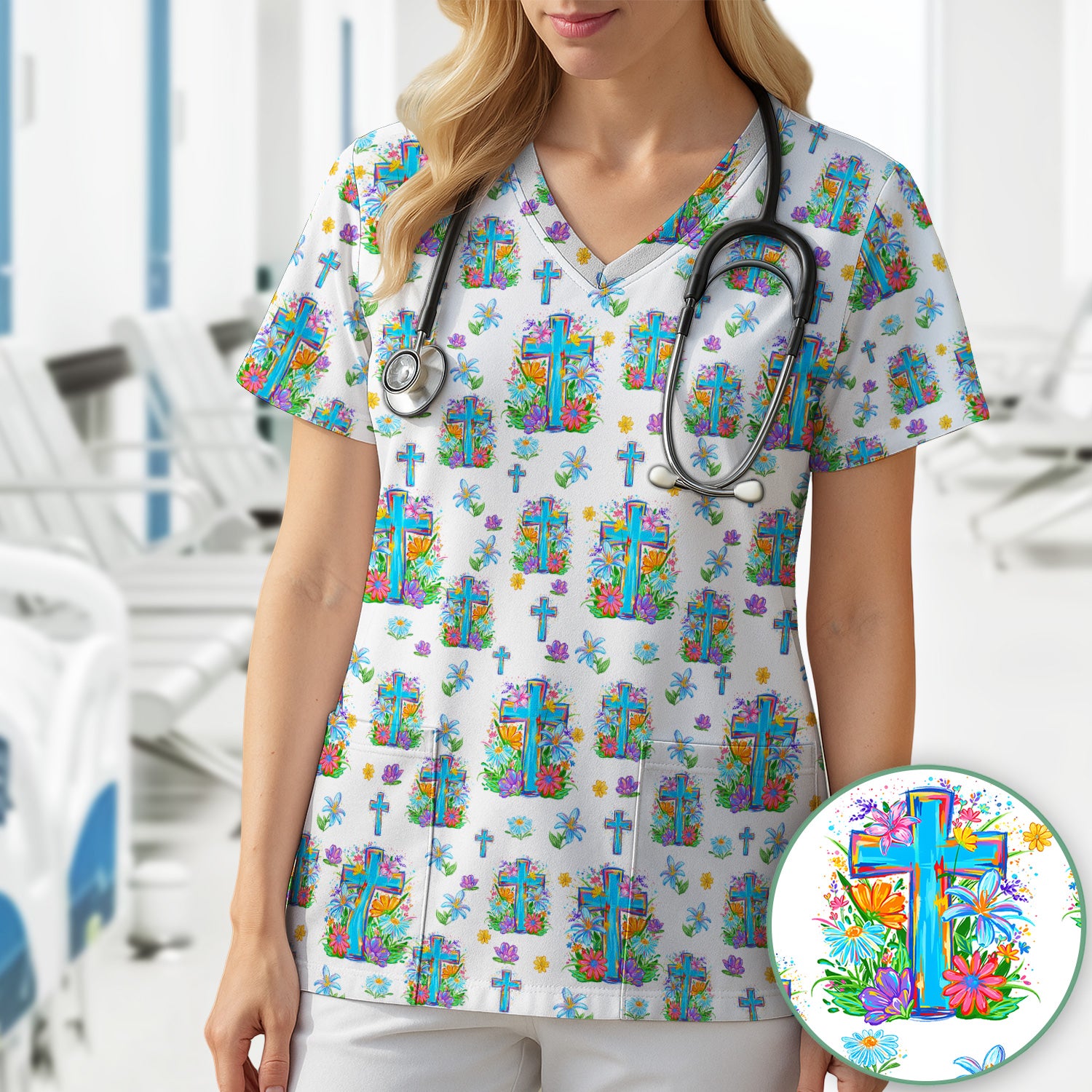 Christian Floral Cross Spring Pattern Scrub Top, Comfortable Scrubs for Nurses