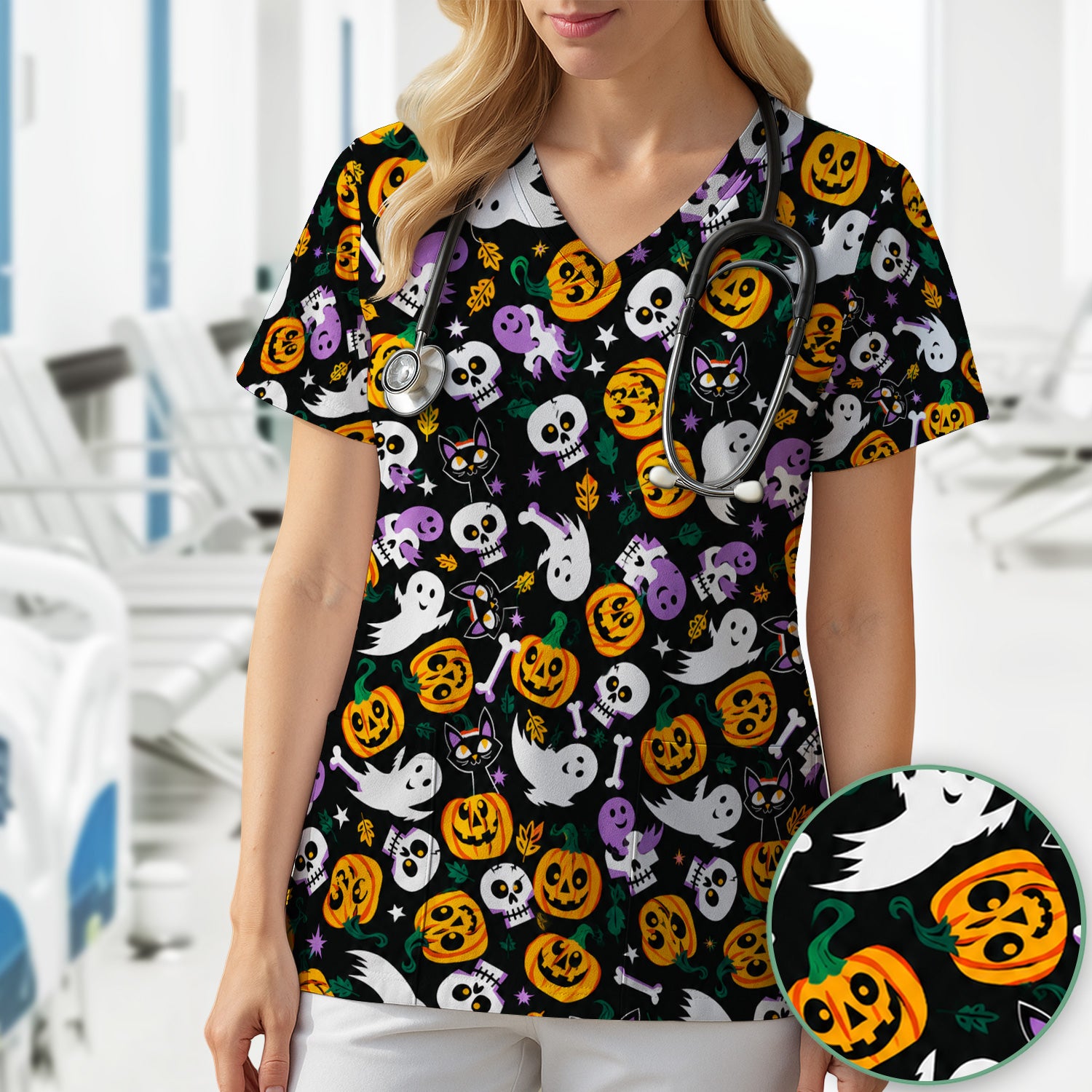 Spooky Pumpkin Ghost Print Scrub Top, Comfortable Scrubs for Nurses